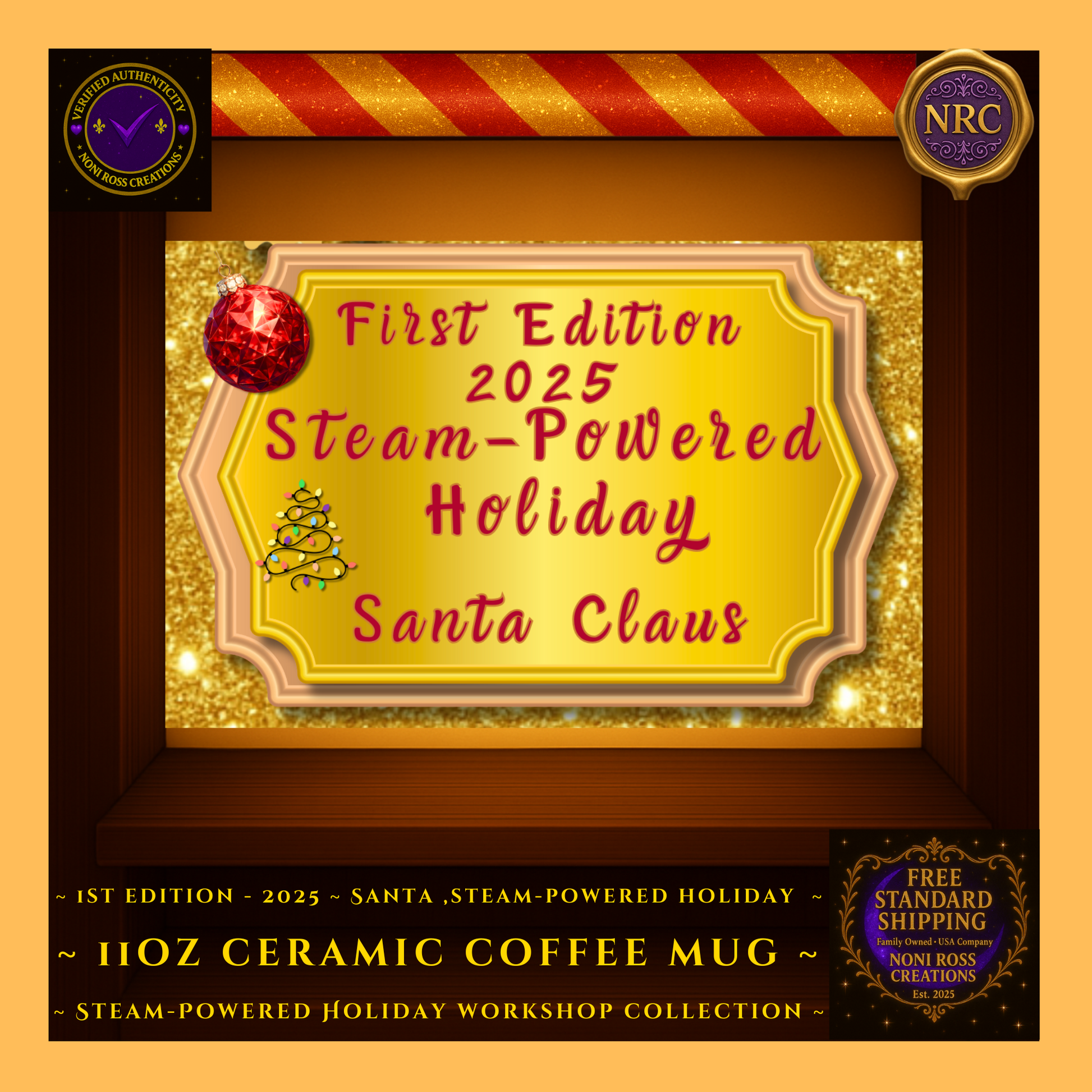 Lifestyle gold cubby image of the First Edition Steam-Powered Santa mug arranged in a holiday gift scene with ribbon, gift box, and seasonal decorations