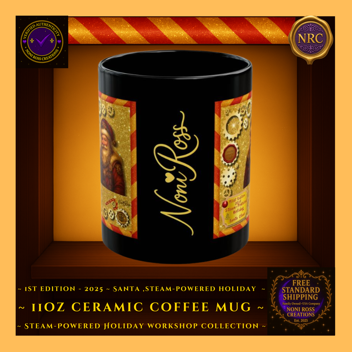 Gold cubby image showing the signature spine of the First Edition 2025 Steam-Powered Santa mug with Noni Ross Creations styling and decorative elements