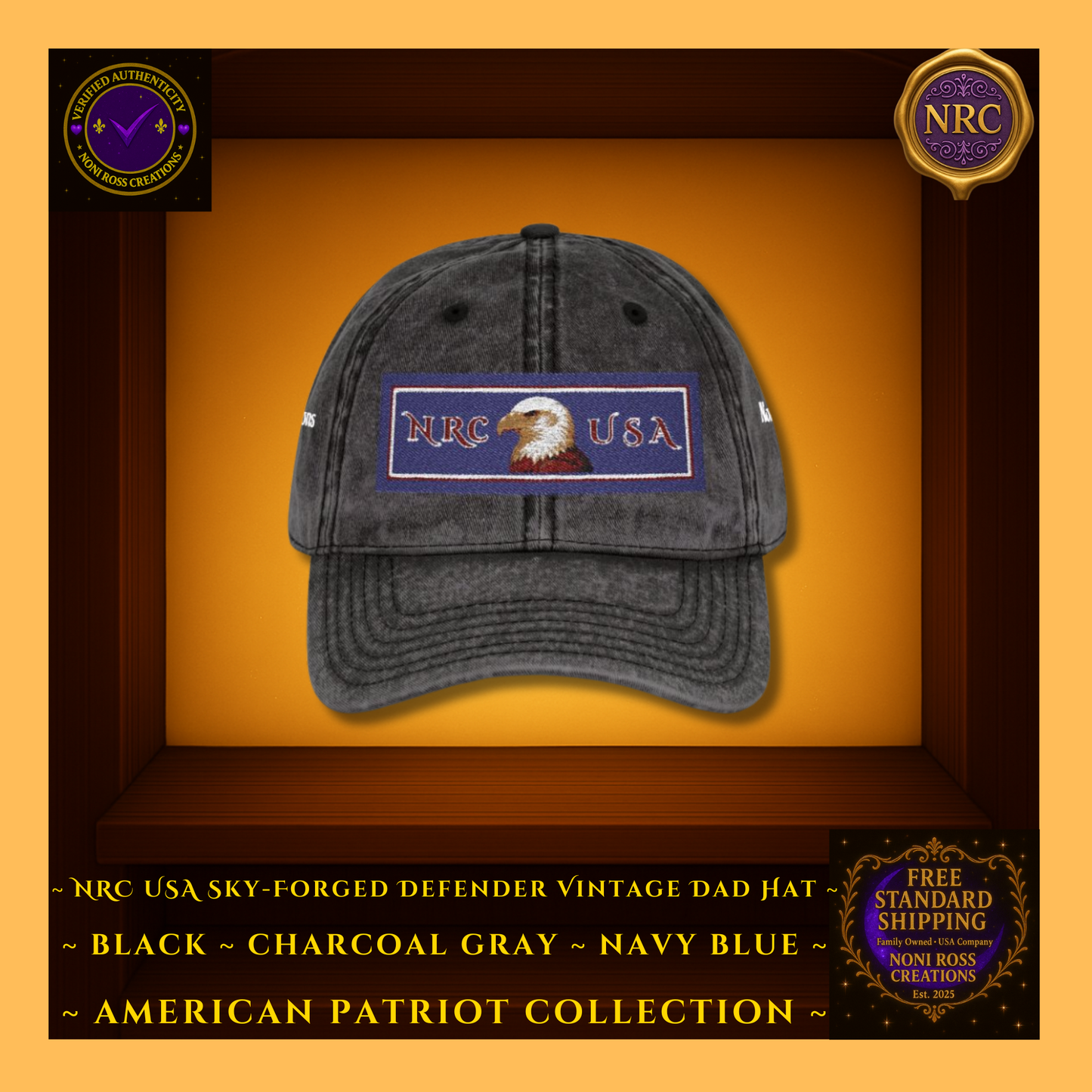 Gold Cubby | Black Vintage-Wash | NRC USA Eagle Hat – Front View – Bold Embroidered Sky-Forged Defender Patch