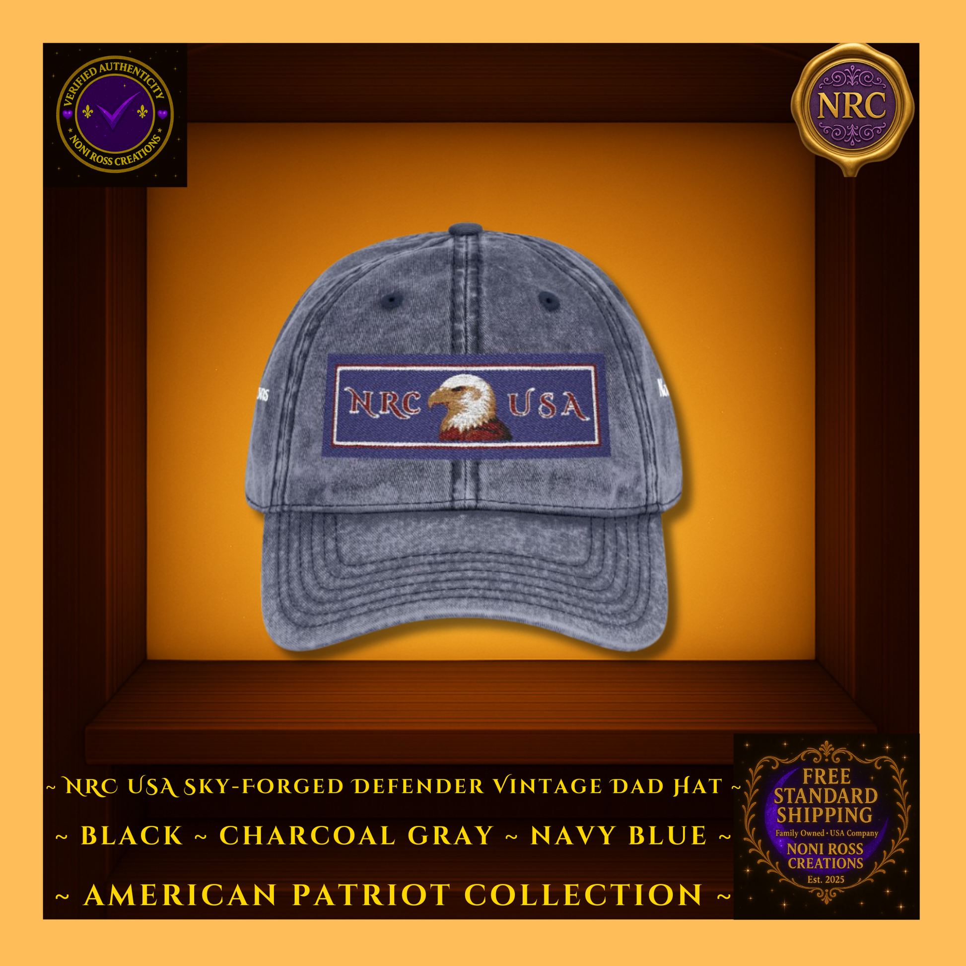 Gold Cubby | Navy Blue | NRC USA Eagle Hat – Front View – Deep Navy with Bold Patriot Patch