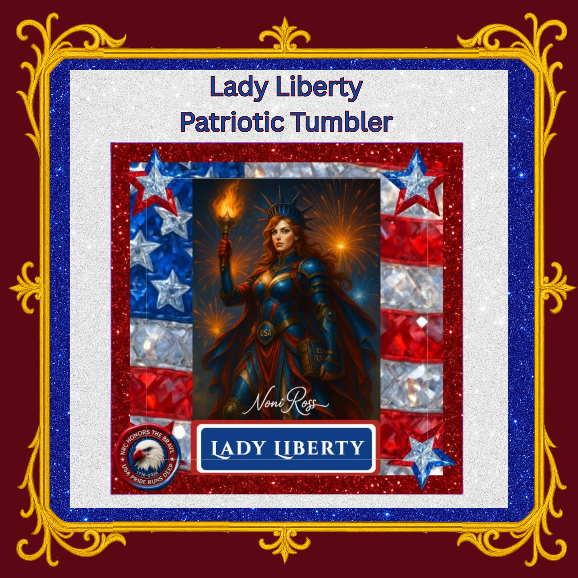 Detailed close-up of Lady Liberty Patriotic 20oz Tumbler highlighting glossy finish and vivid patriotic artwork.