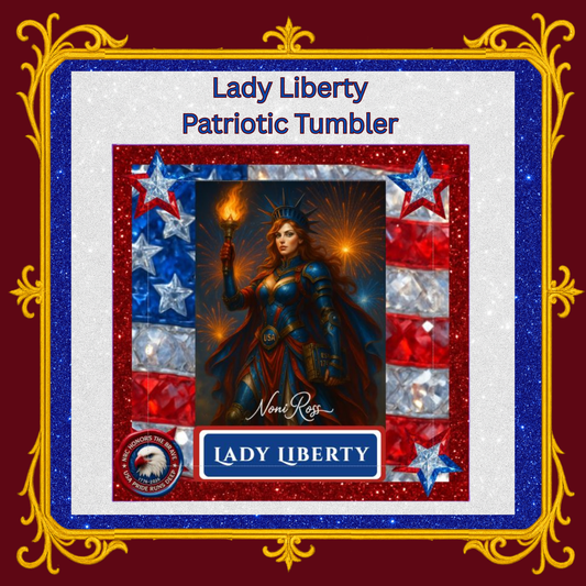 Detailed close-up of Lady Liberty Patriotic 20oz Tumbler highlighting glossy finish and vivid patriotic artwork.