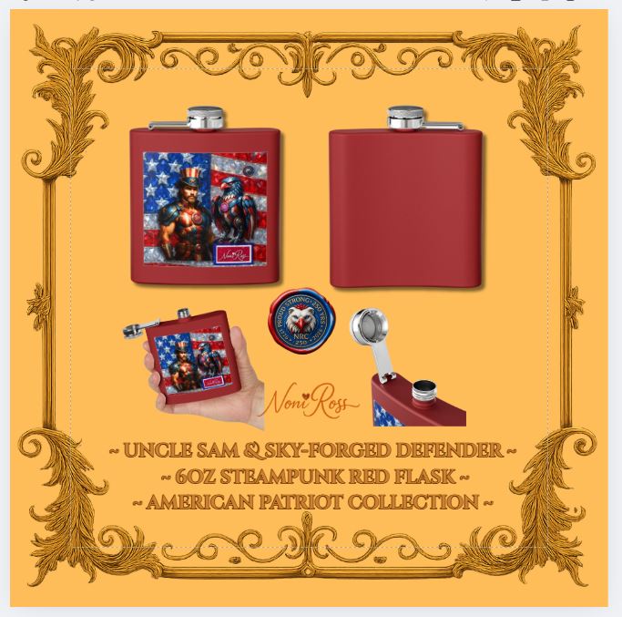 Hand holding Red Valor 6oz steampunk flask featuring Uncle Sam and mechanical bald eagle—patriotic gift, travel-ready barware, Noni Ross Creations