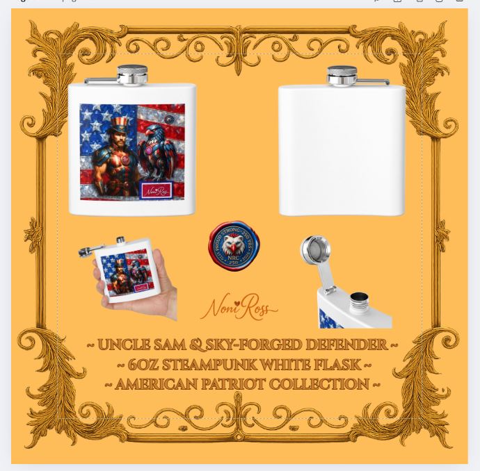 White Honor 6oz flask with swing cap open, durable UV print of Uncle Sam & Sky-Forged Defender—collectible patriotic barware, Noni Ross Creations.