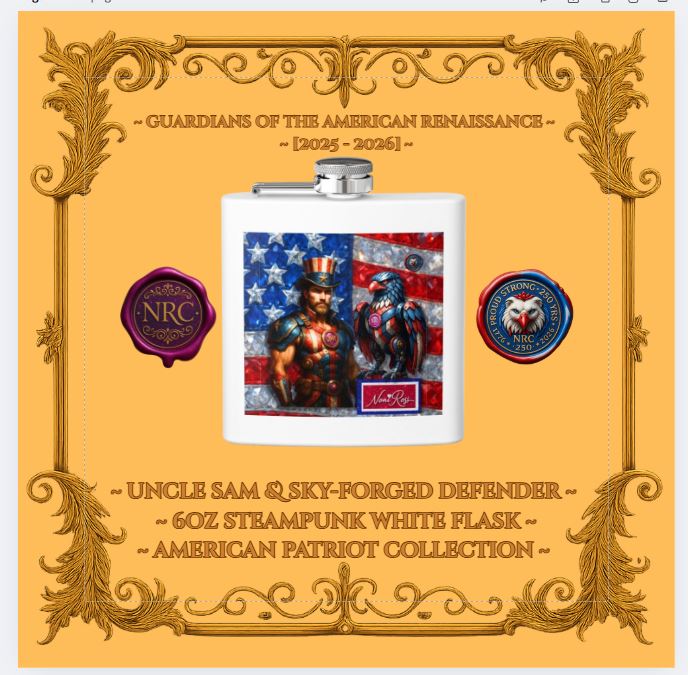 White Honor 6oz steampunk flask showcasing Uncle Sam and mechanical bald eagle on crystal flag—patriotic stainless steel flask by Noni Ross Creations