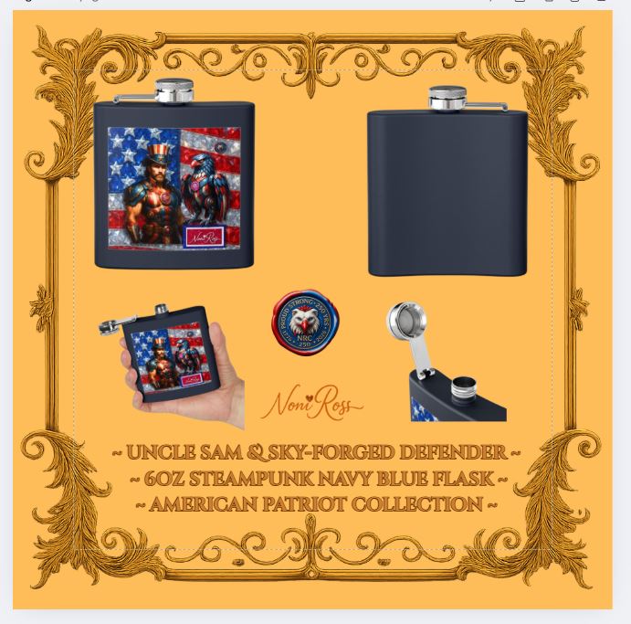Close view of Navy Courage 6oz flask, leak-proof cap and vivid steampunk artwork—American Patriot Collection barware, Noni Ross Creations.
