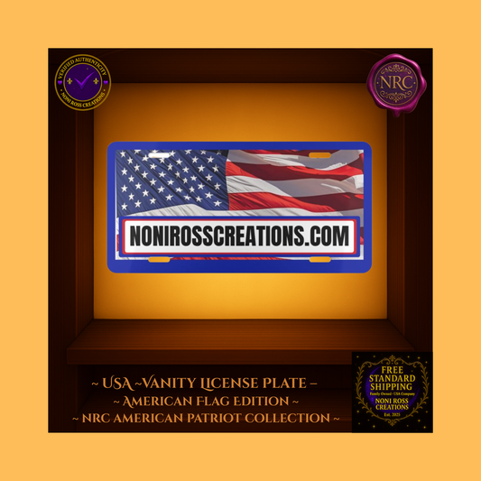 NoniRossCreations.com American Flag vanity plate – bold red, white, and blue design with waving flag background