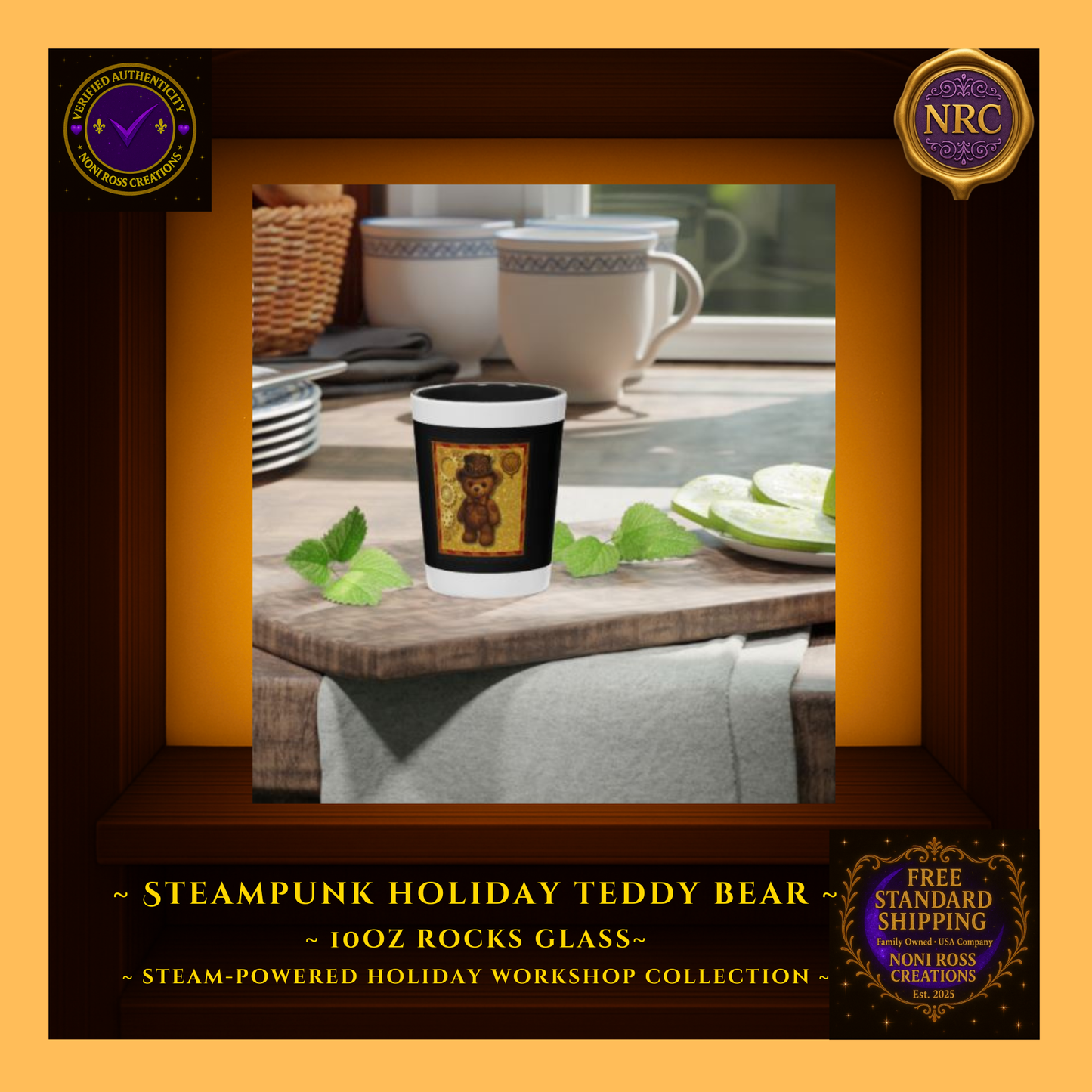 Steampunk Teddy Bear 1.9oz ceramic shot glass in NRC cubby lifestyle scene, styled as whimsical holiday barware on a warm Christmas-themed surface.