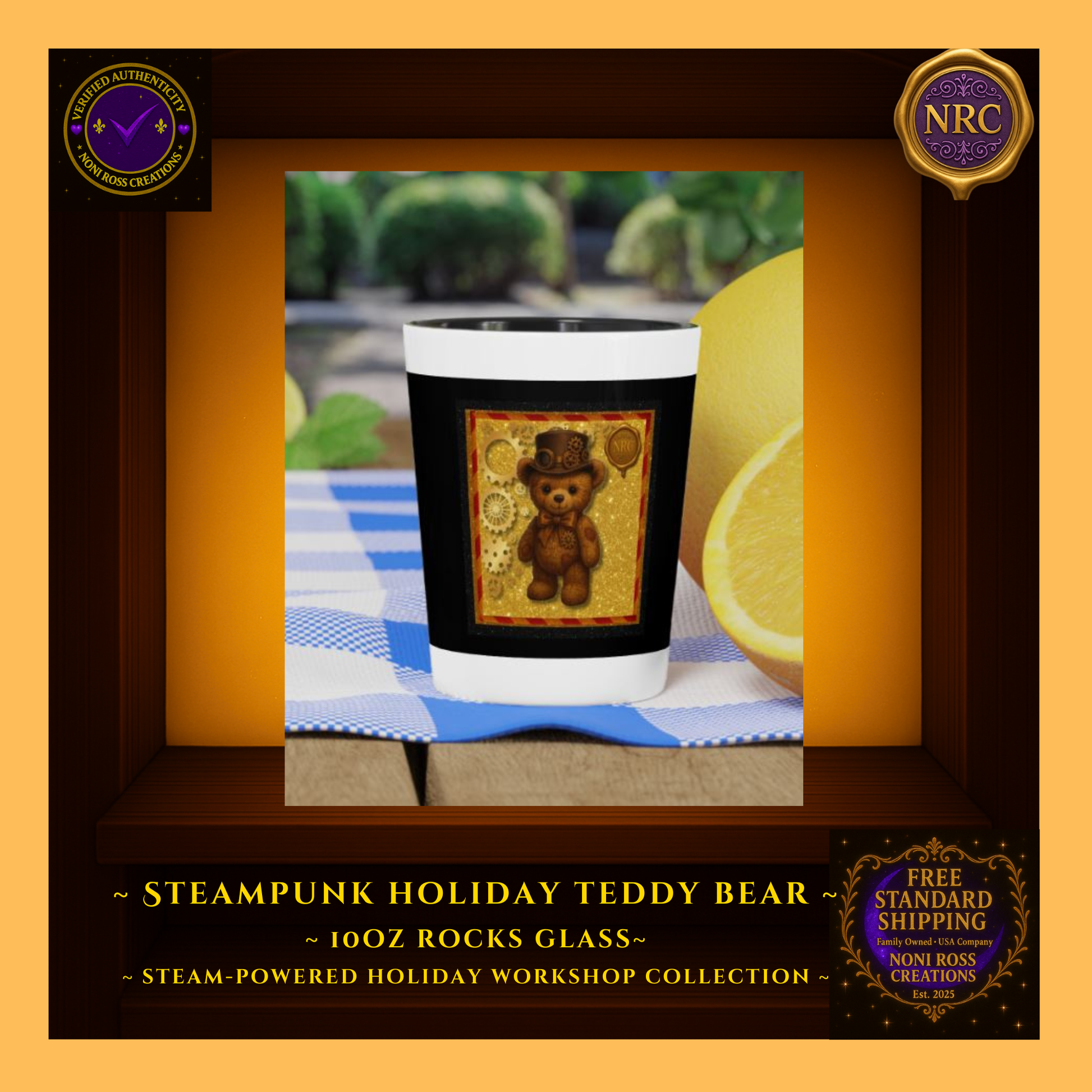 Steampunk Teddy Bear 1.9oz ceramic shot glass in NRC cubby lifestyle setting, shown as a cute holiday party shot glass for festive entertaining.