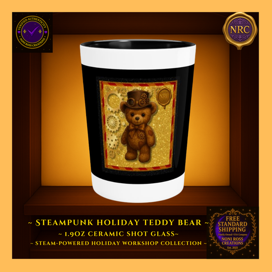 Steampunk Teddy Bear 1.9oz ceramic shot glass centered in NRC cubby frame, full front teddy bear artwork with gears and golden background clearly visible.