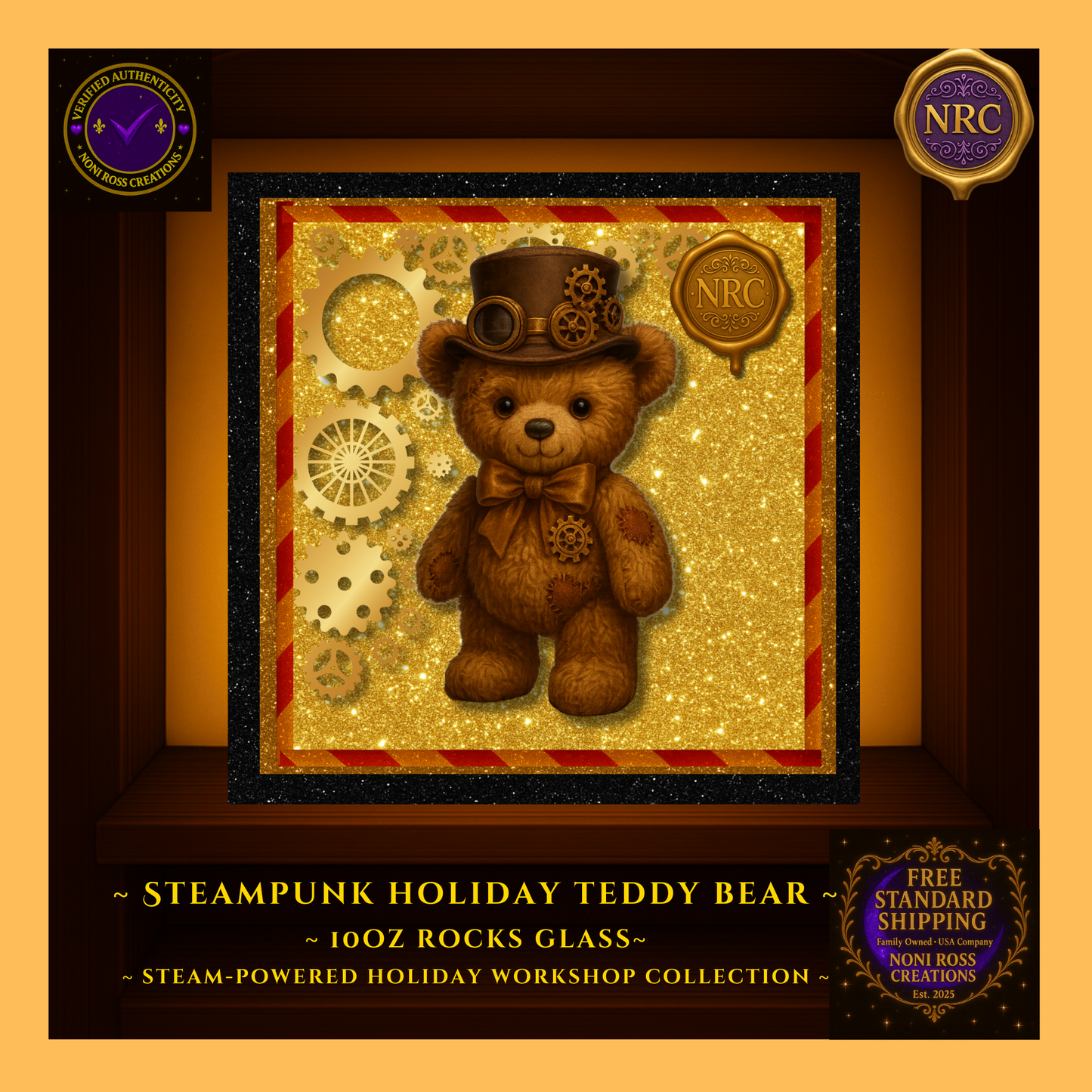 Close-up of Steampunk Teddy Bear artwork on 10oz rocks glass inside NRC cubby, highlighting the bear’s hat, bow tie, gears, and glittering gold backdrop.