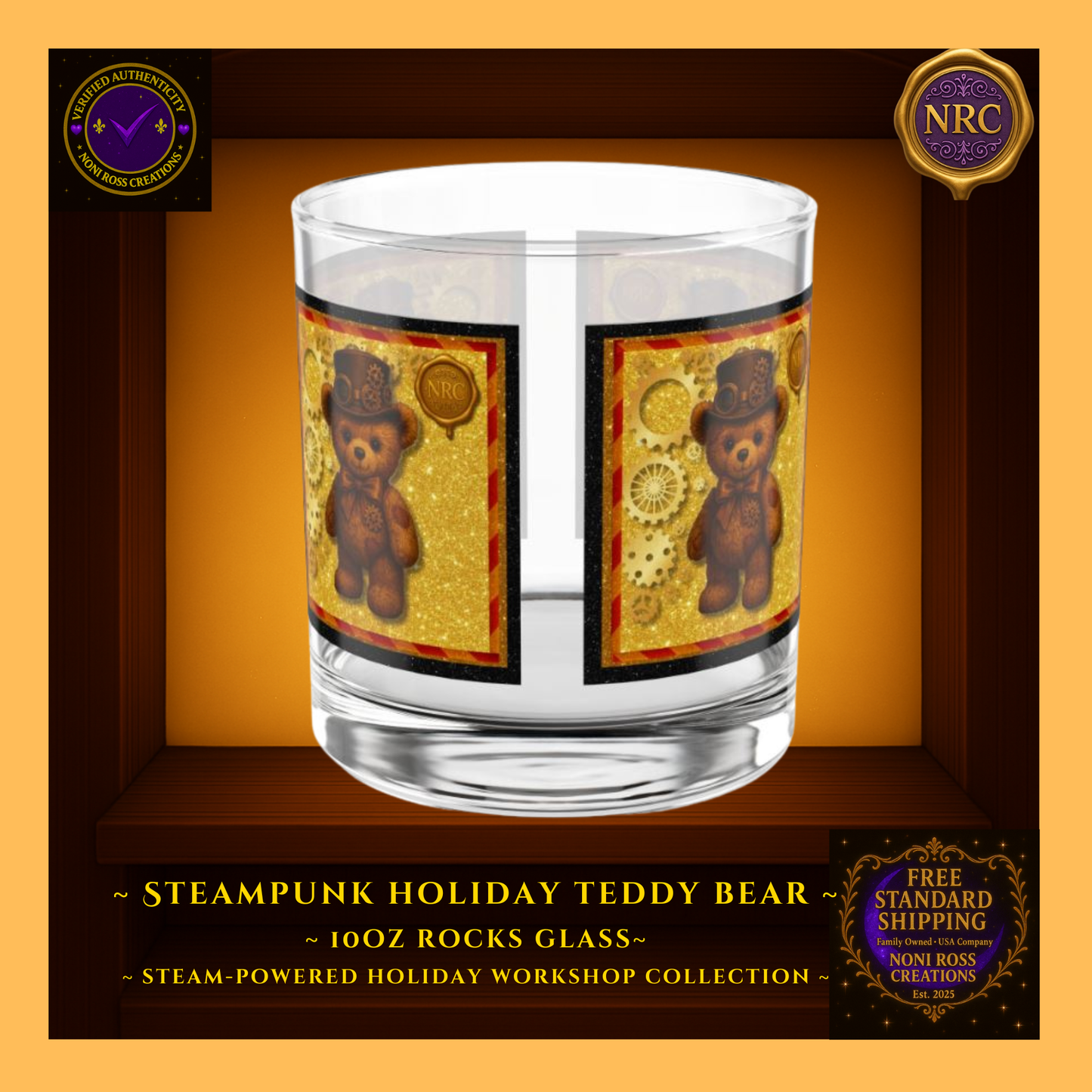Steampunk Teddy Bear 10oz rocks glass centered in NRC cubby frame, full front teddy bear artwork with top hat, gears, and golden background clearly visible.