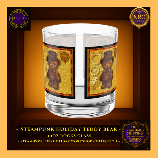 Steampunk Teddy Bear 10oz rocks glass centered in NRC cubby frame, full front teddy bear artwork with top hat, gears, and golden background clearly visible.