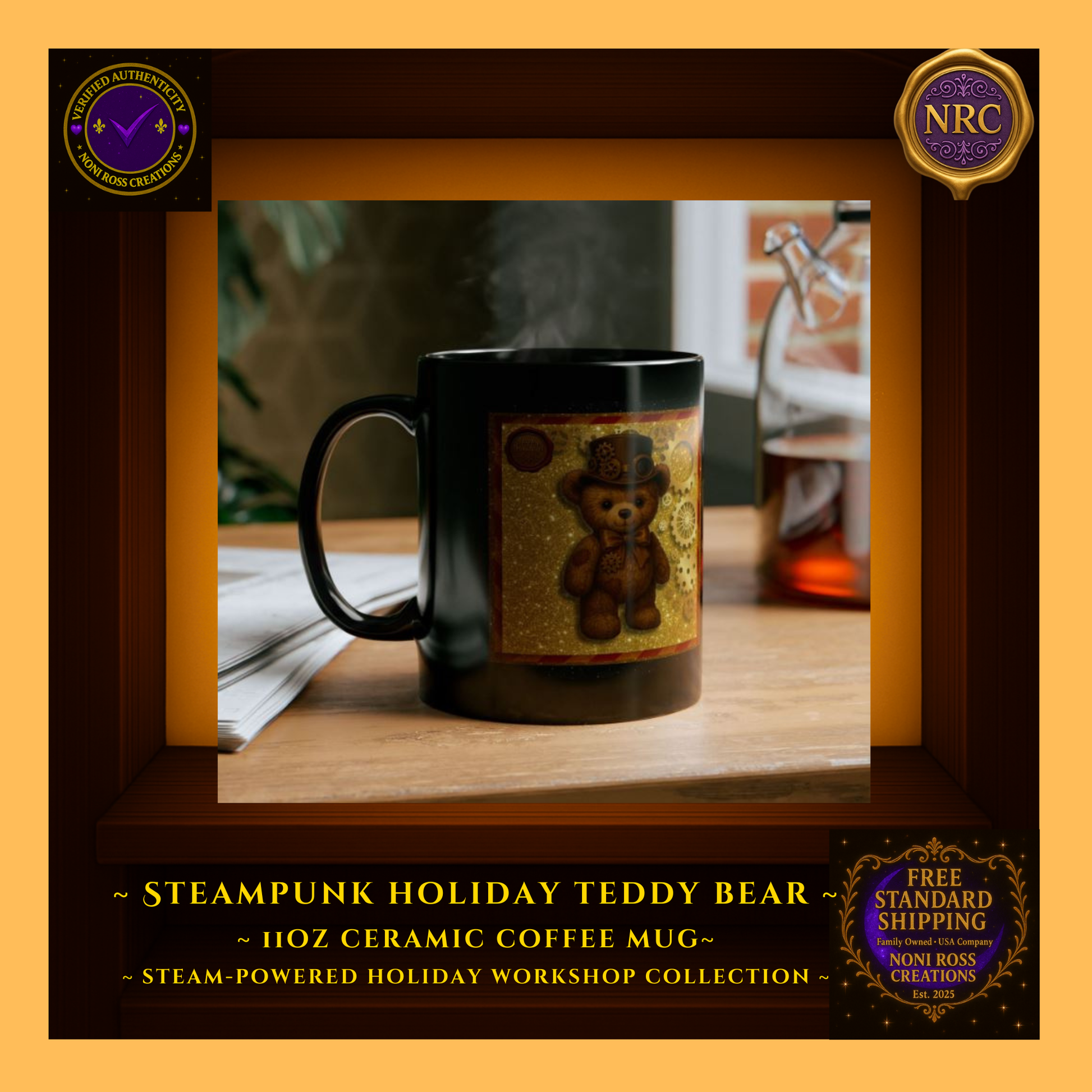 Steampunk Teddy Bear 11oz ceramic coffee mug in NRC cubby lifestyle display, featured as cozy steampunk holiday drinkware from Noni Ross Creations.