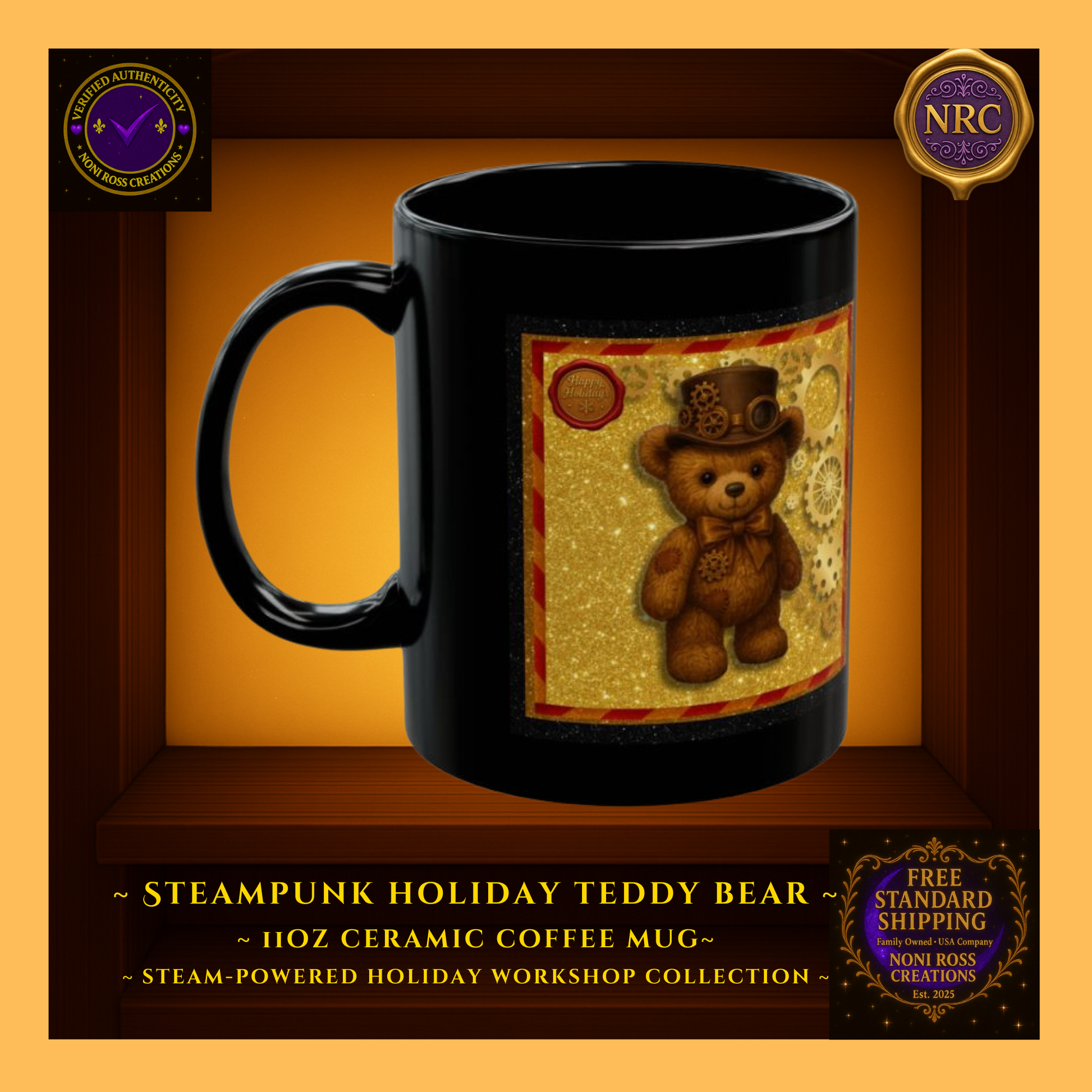 Steampunk Teddy Bear 11oz ceramic coffee mug in NRC cubby frame, left side view highlighting curved shape and partial golden artwork.
