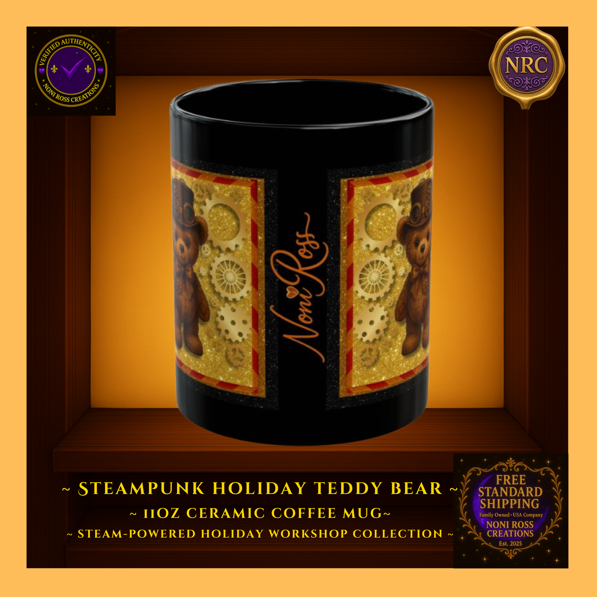 Back view of Steampunk Teddy Bear 11oz ceramic coffee mug in NRC cubby, showing Noni Ross Creations signature and branding area.