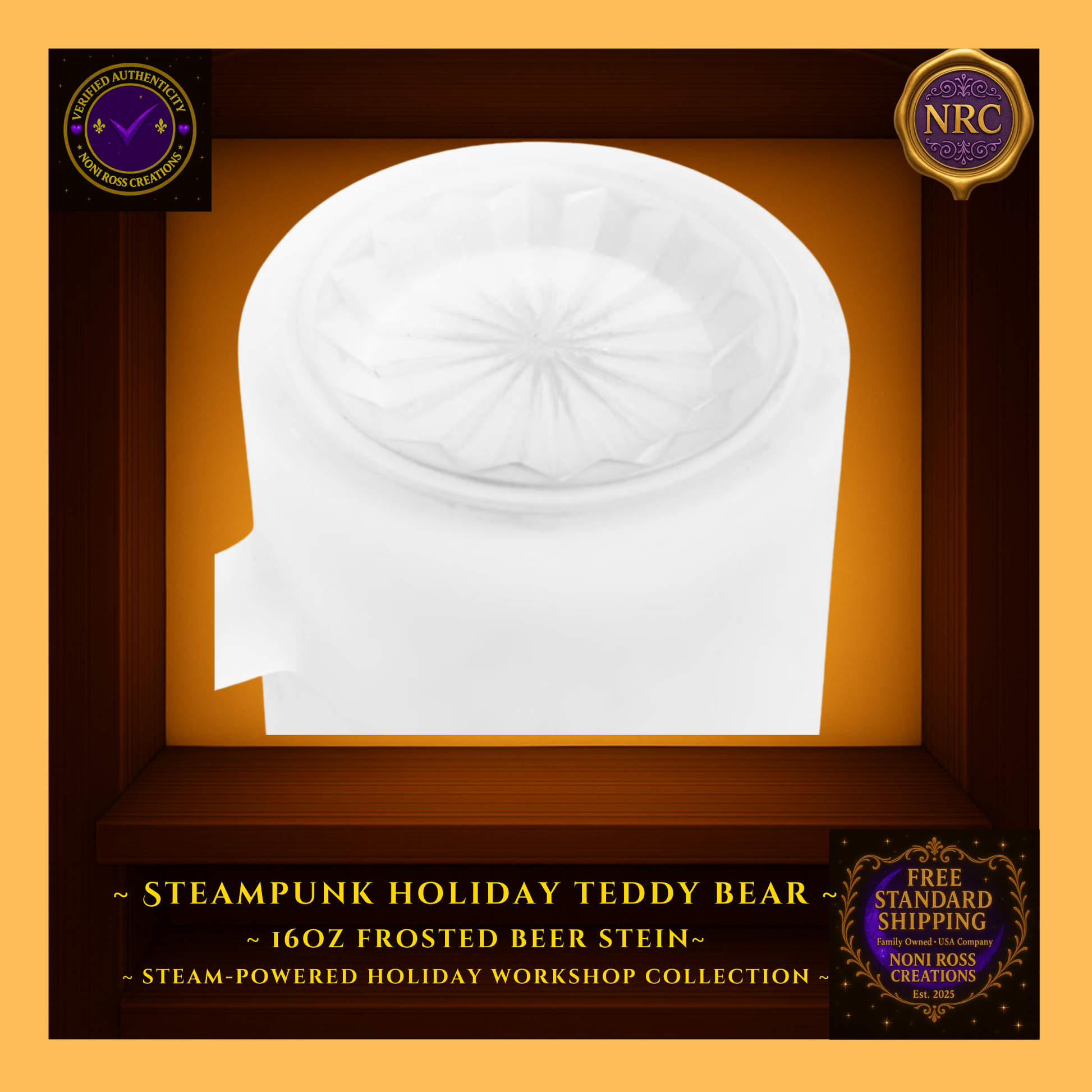 Bottom view of Steampunk Teddy Bear frosted beer stein in NRC cubby frame, showing circular frosted glass base and sturdy construction.