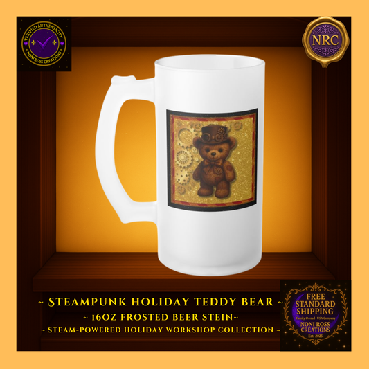 Steampunk Teddy Bear frosted beer stein centered in NRC cubby frame, full front teddy bear artwork with top hat, gears, and glowing gold background clearly visible.