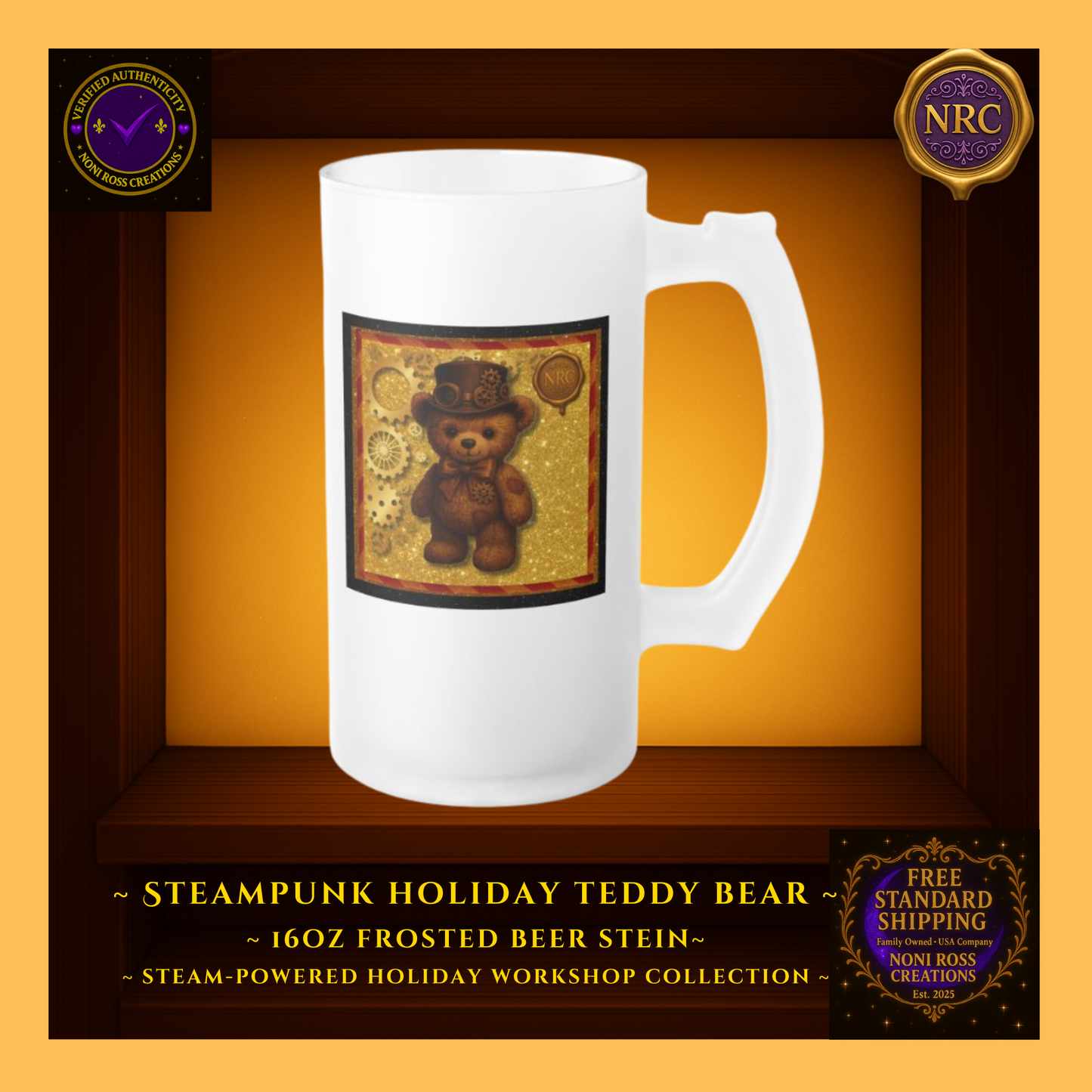 Steampunk Teddy Bear frosted beer stein in NRC cubby frame, right side angle highlighting curved handle, frosted finish, and edge of golden teddy bear artwork.