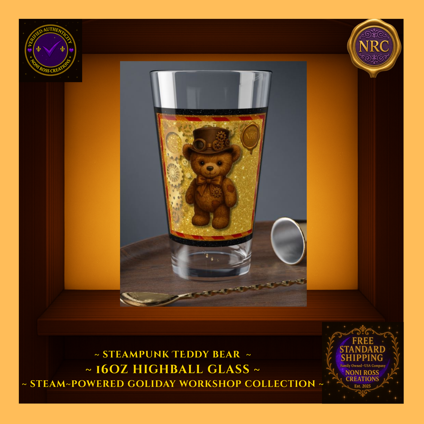 Steampunk Teddy Bear 16oz highball glass in NRC cubby lifestyle scene, styled as whimsical Christmas cocktail or mocktail glass on a festive surface.