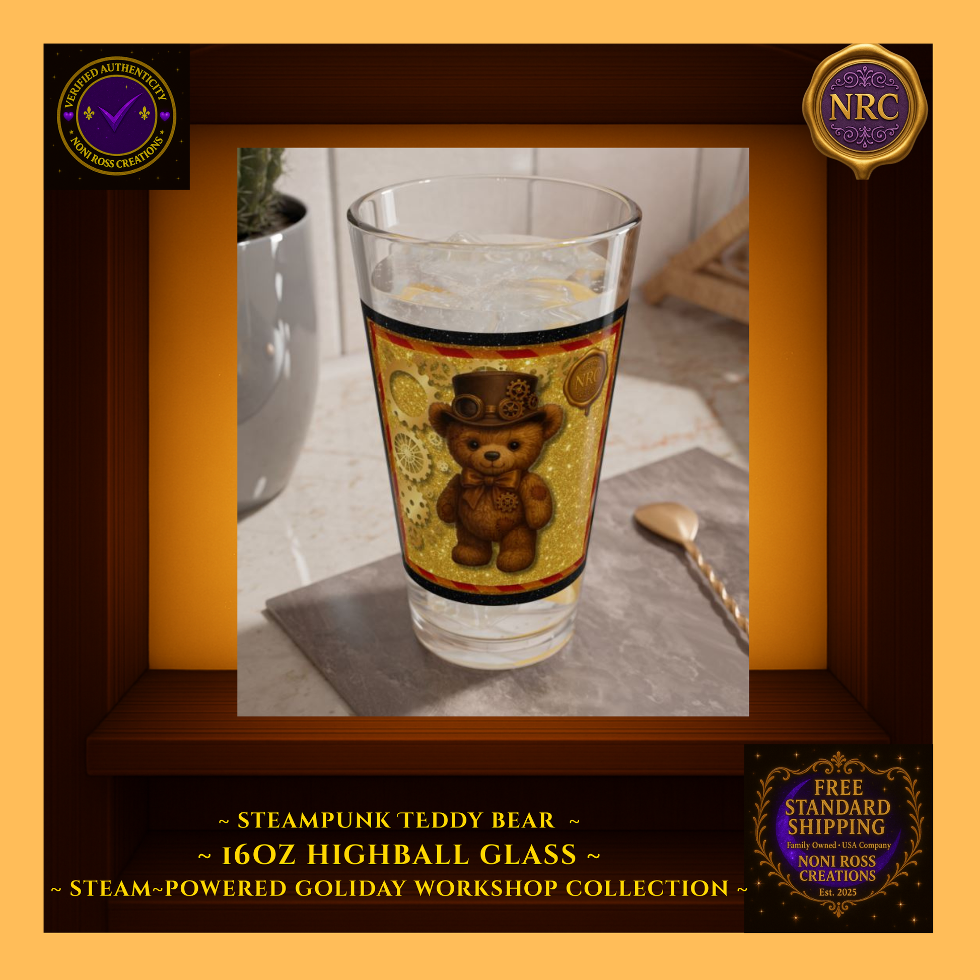Steampunk Teddy Bear 16oz highball glass in NRC cubby lifestyle setting, shown as gift-ready holiday barware from Noni Ross Creations, perfect for Christmas entertaining.