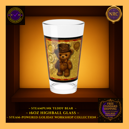 Steampunk Teddy Bear 16oz highball glass centered in NRC cubby frame, full front teddy bear artwork with top hat, gears, and glowing gold background clearly visible.