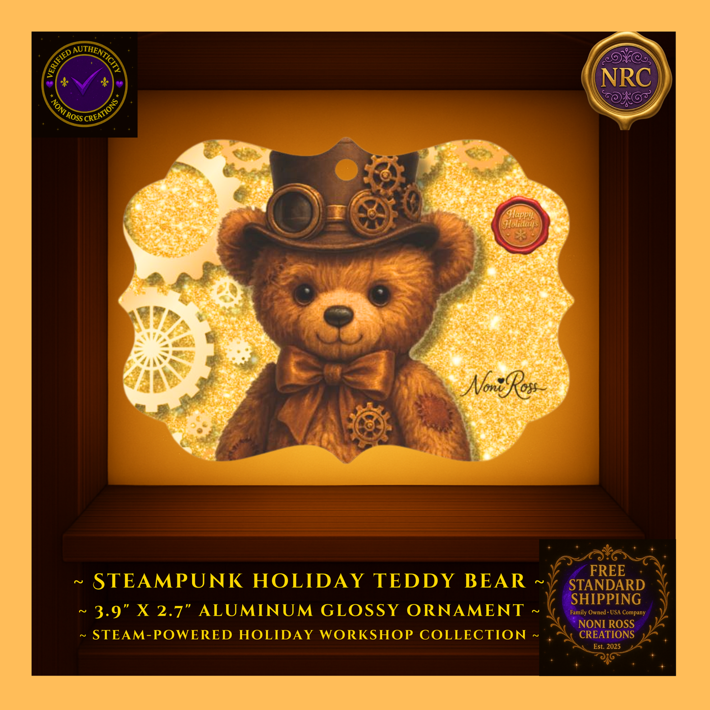 Back view of Steampunk Teddy Bear metal Christmas ornament in NRC cubby frame, showing smooth metal surface and Noni Ross Creations branding area.