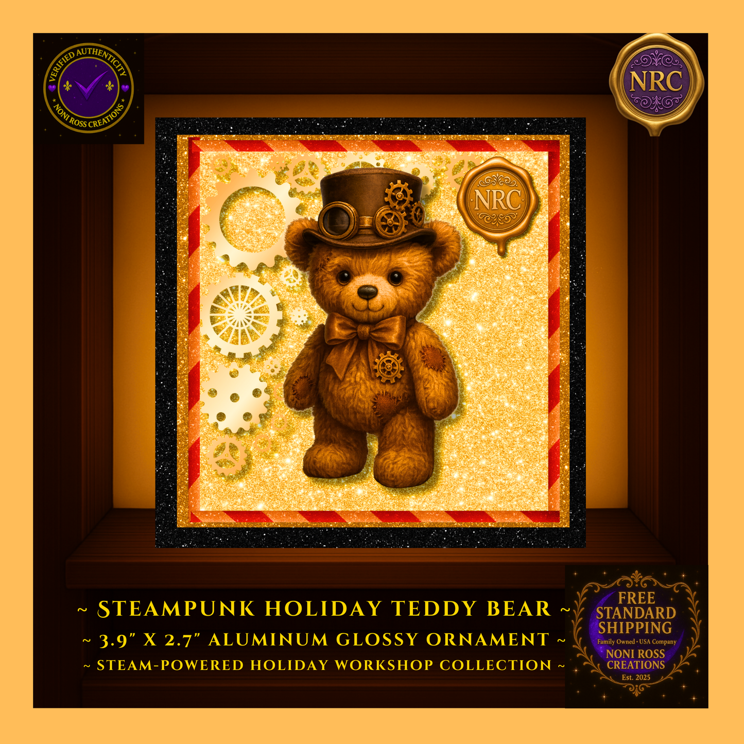 Close-up of Steampunk Teddy Bear artwork on metal ornament inside NRC cubby, highlighting the bear’s hat, bow tie, gears, and sparkling golden backdrop.