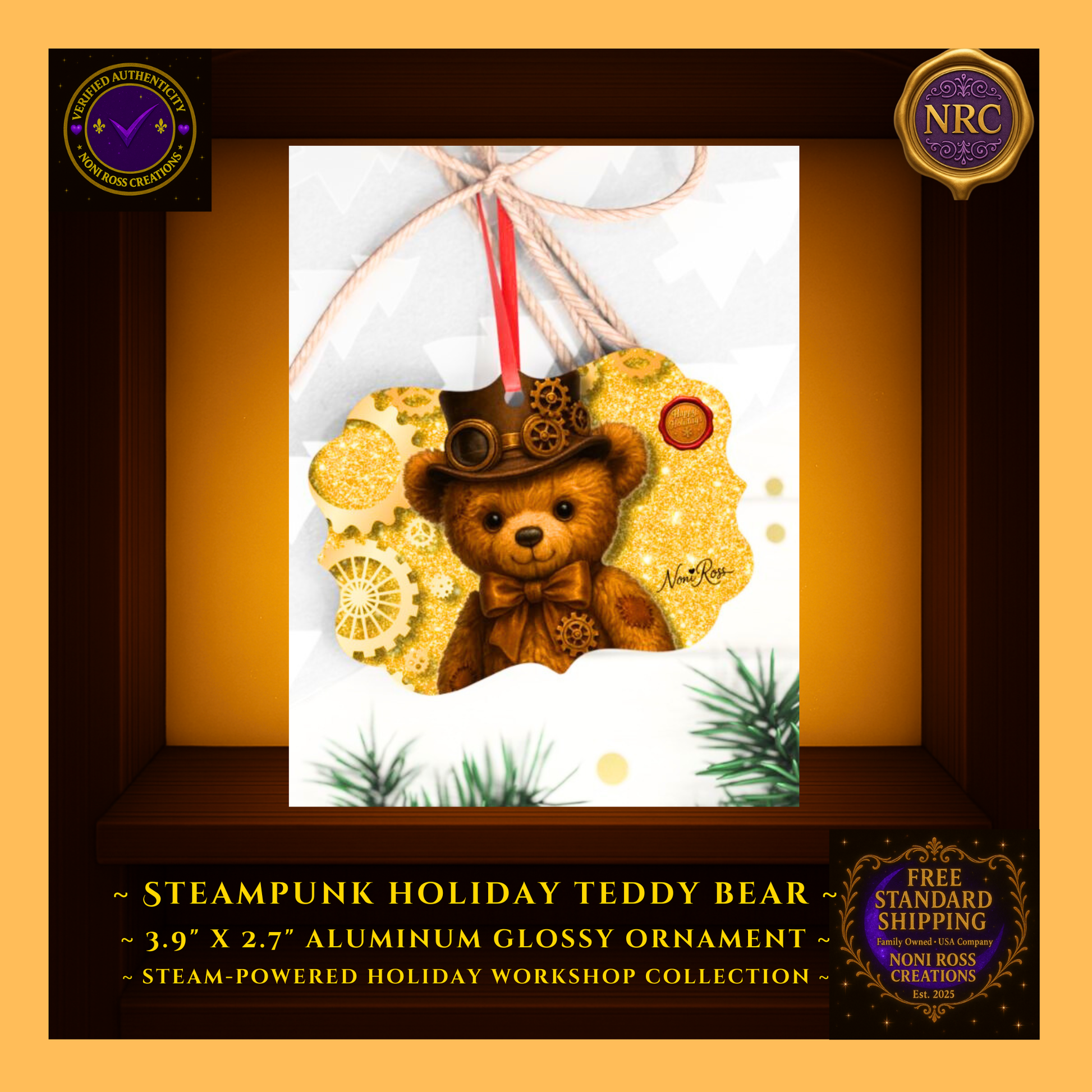 Steampunk Teddy Bear metal ornament in NRC cubby lifestyle display, featured as a collectible steampunk Christmas ornament from Noni Ross Creations.