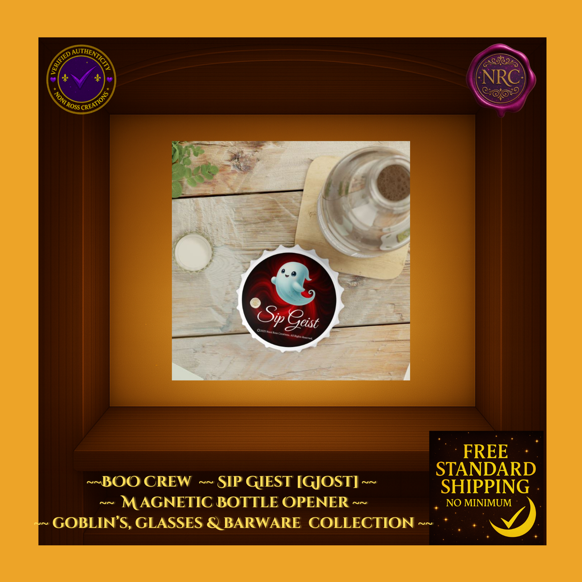 Sip Geist bottle opener on rustic wooden table beside bottle and coaster – ghost design glowing softly with NRC branding.