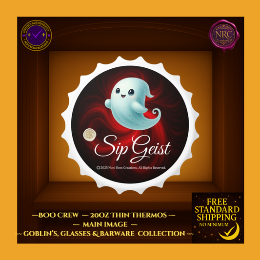 Sip Geist magnetic bottle opener by Noni Ross Creations – adorable pale-blue ghost over swirling crimson-red background with white bottlecap frame.