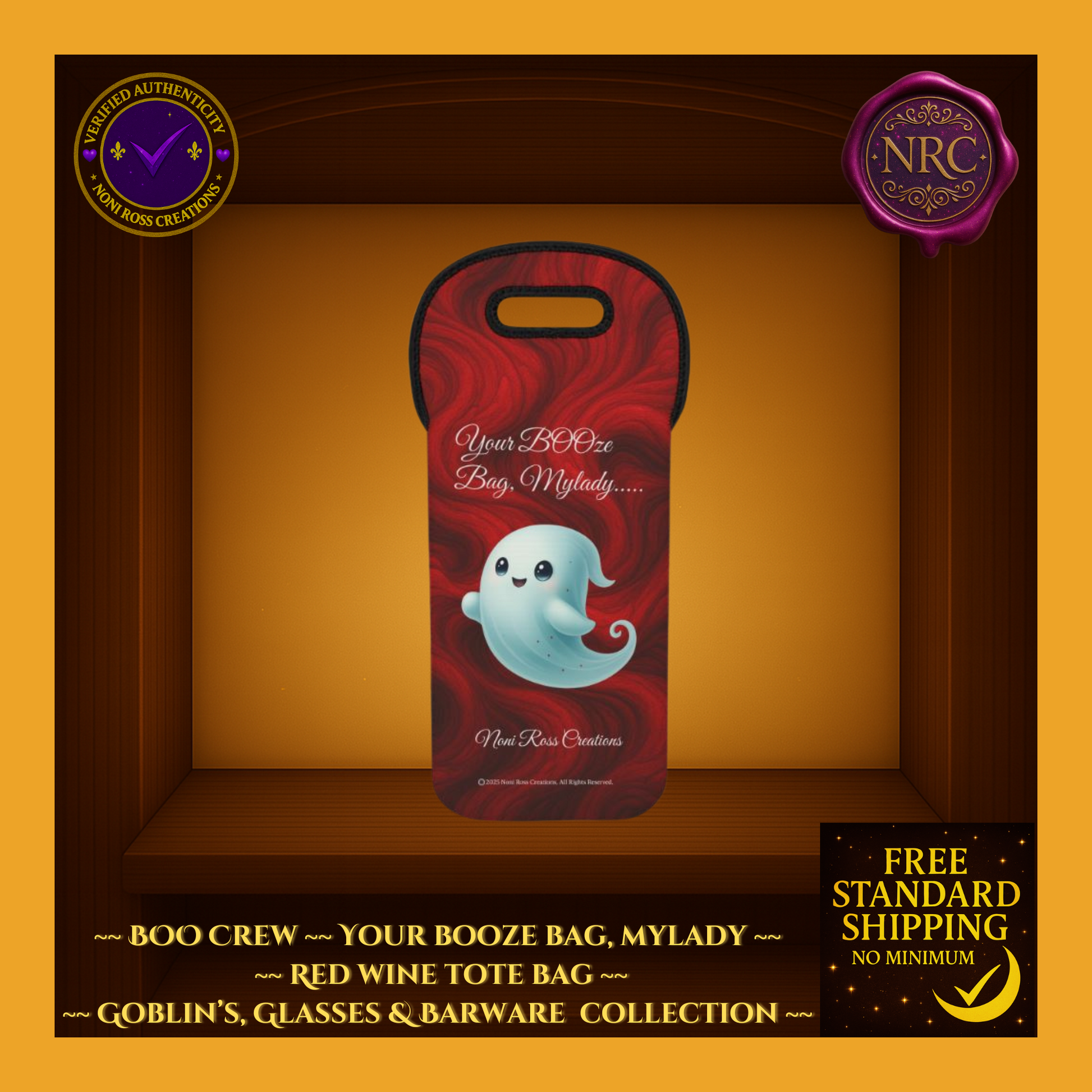 BOO Crew “Your BOOze Bag, My’Lady” red wine tote by Noni Ross Creations—cute mint ghost on crimson swirl background with black trim, single-bottle carrier.
