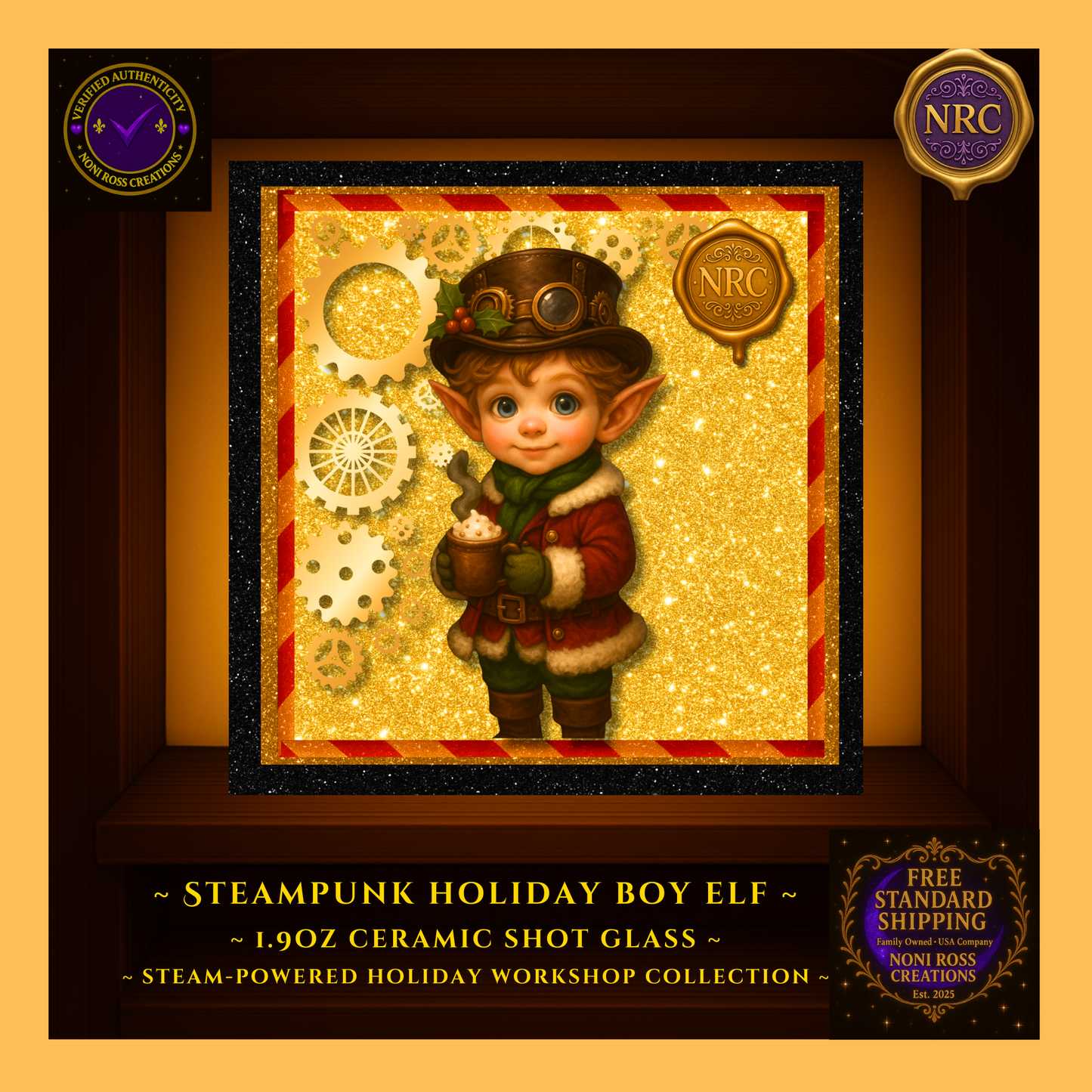Close-up of Steam-Powered Boy Elf artwork on 1.9oz ceramic shot glass inside NRC cubby, showing his festive outfit, gears, and glowing holiday background.