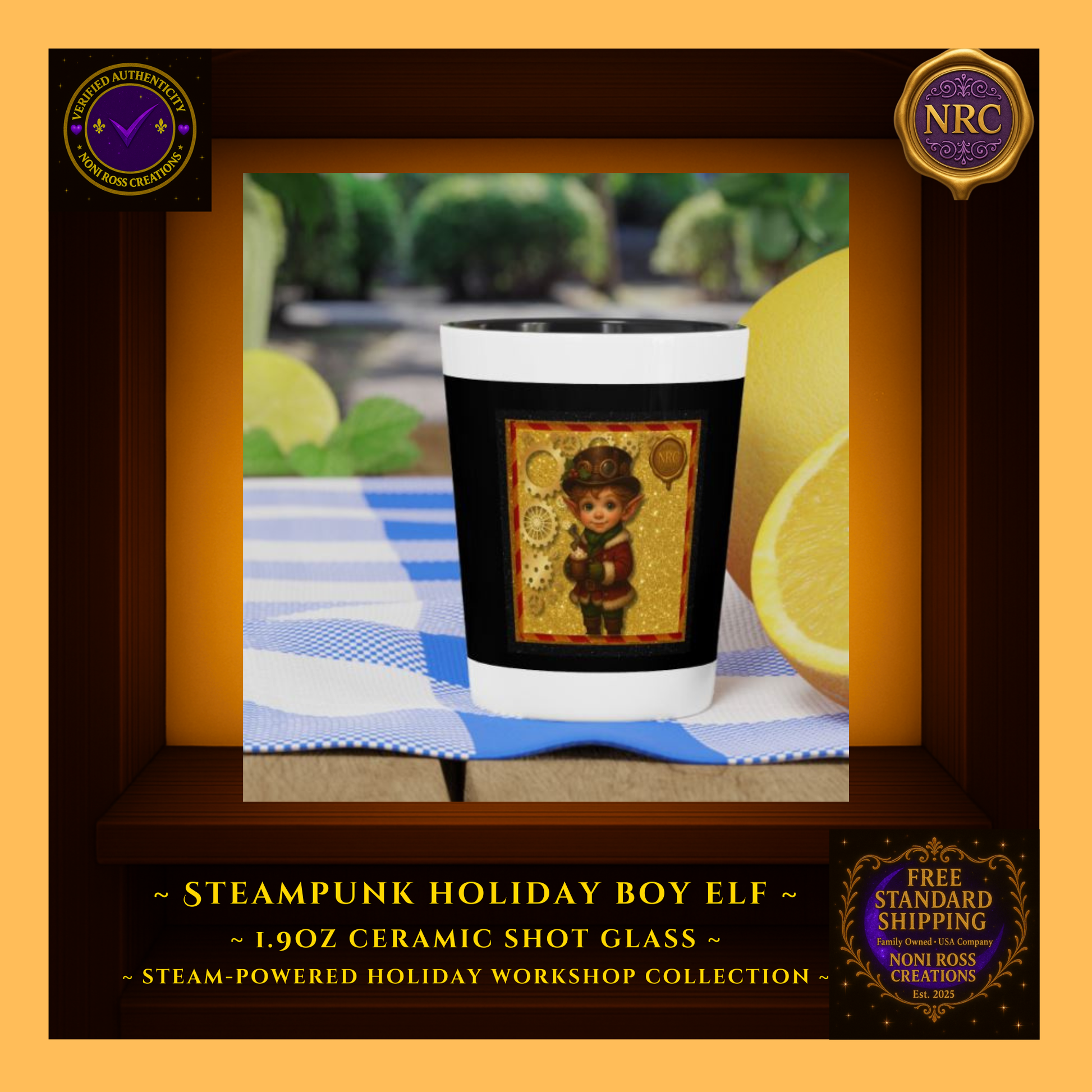 Steam-Powered Boy Elf 1.9oz ceramic shot glass in NRC cubby lifestyle setting, shown as a fun Christmas party shot glass for holiday entertaining.