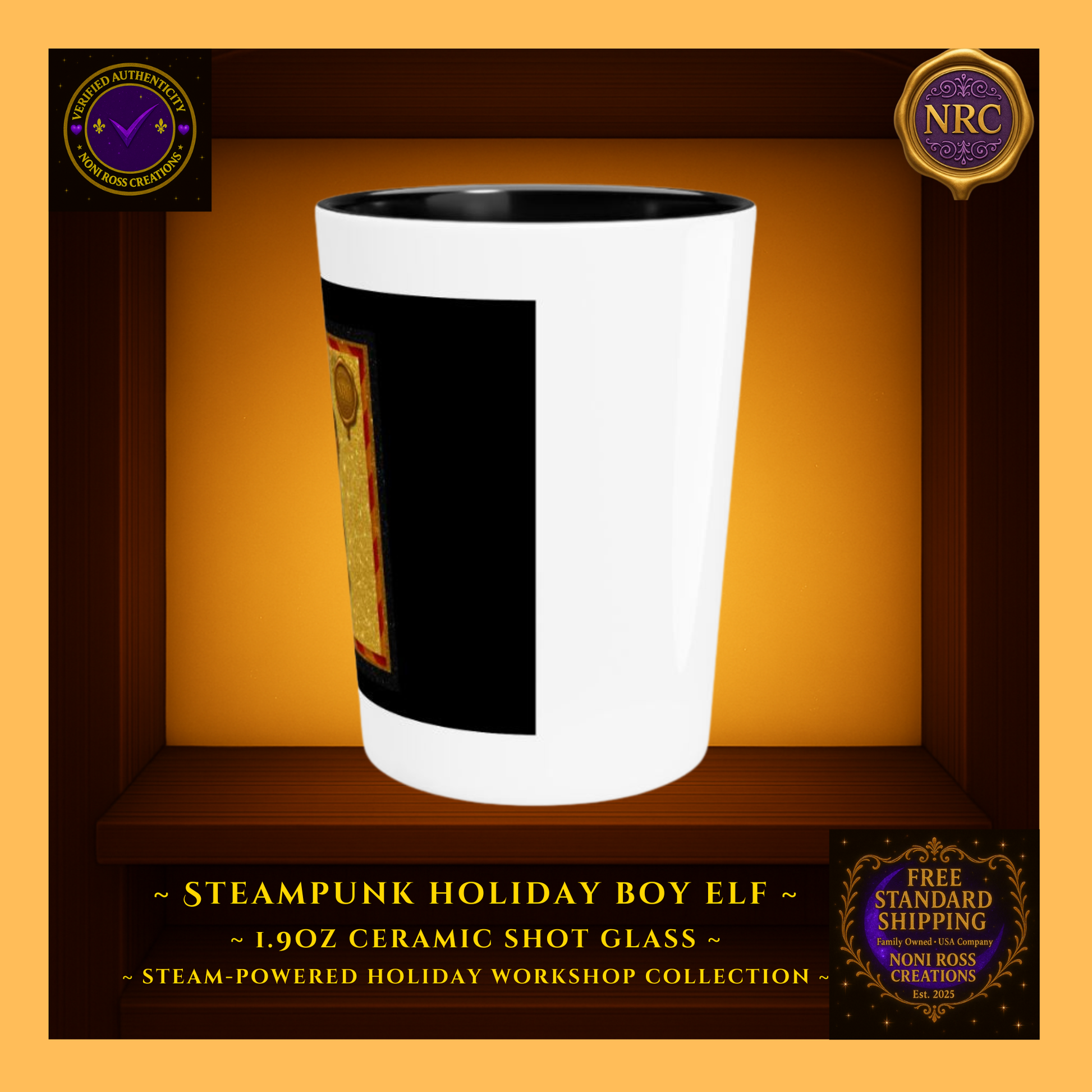 Steam-Powered Boy Elf 1.9oz ceramic shot glass in NRC cubby frame, right side angle highlighting the glass shape and edge of steampunk elf artwork.