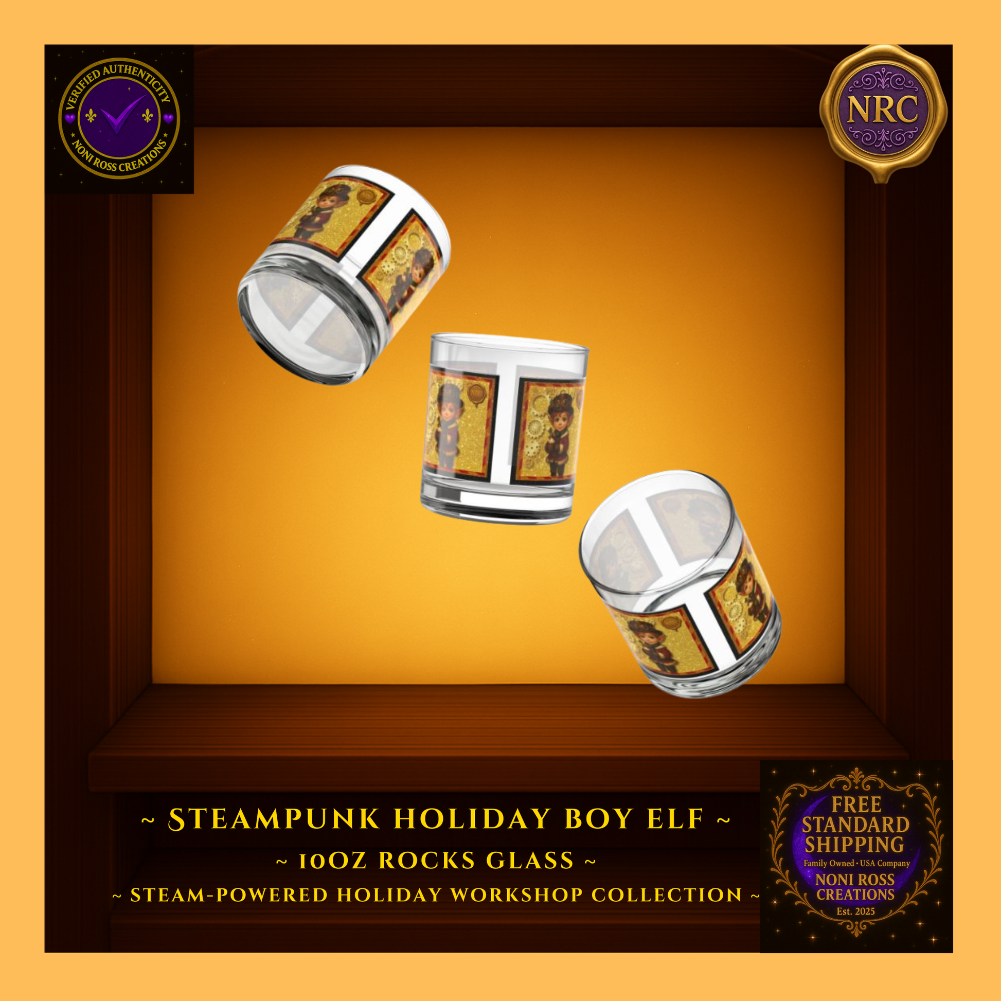 Steam-Powered Boy Elf 10oz rocks glass in NRC cubby lifestyle scene, styled as whimsical Christmas whiskey or cocktail glass on a holiday-themed surface.