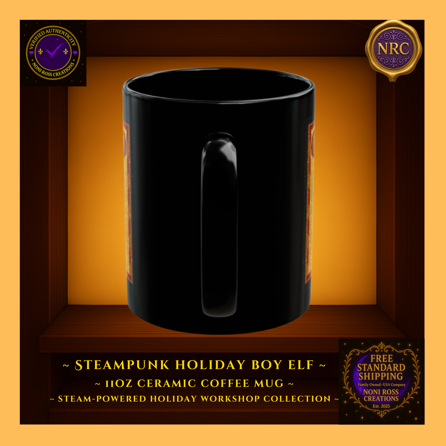 Steam-Powered Boy Elf 11oz ceramic coffee mug in NRC cubby frame, side angle focusing on white handle with a glimpse of colorful steampunk elf design.