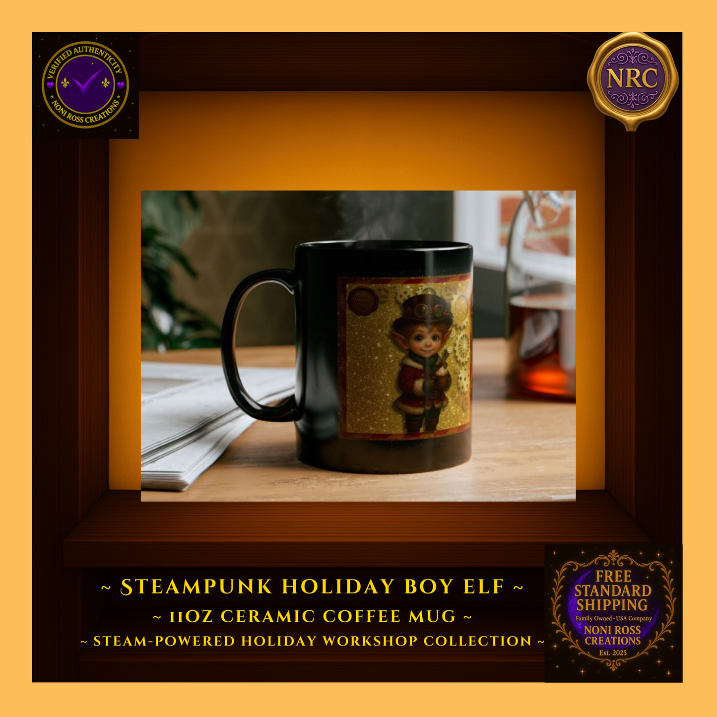 Steam-Powered Boy Elf 11oz ceramic coffee mug in NRC cubby lifestyle display, featured as cozy Christmas drinkware from Noni Ross Creations.