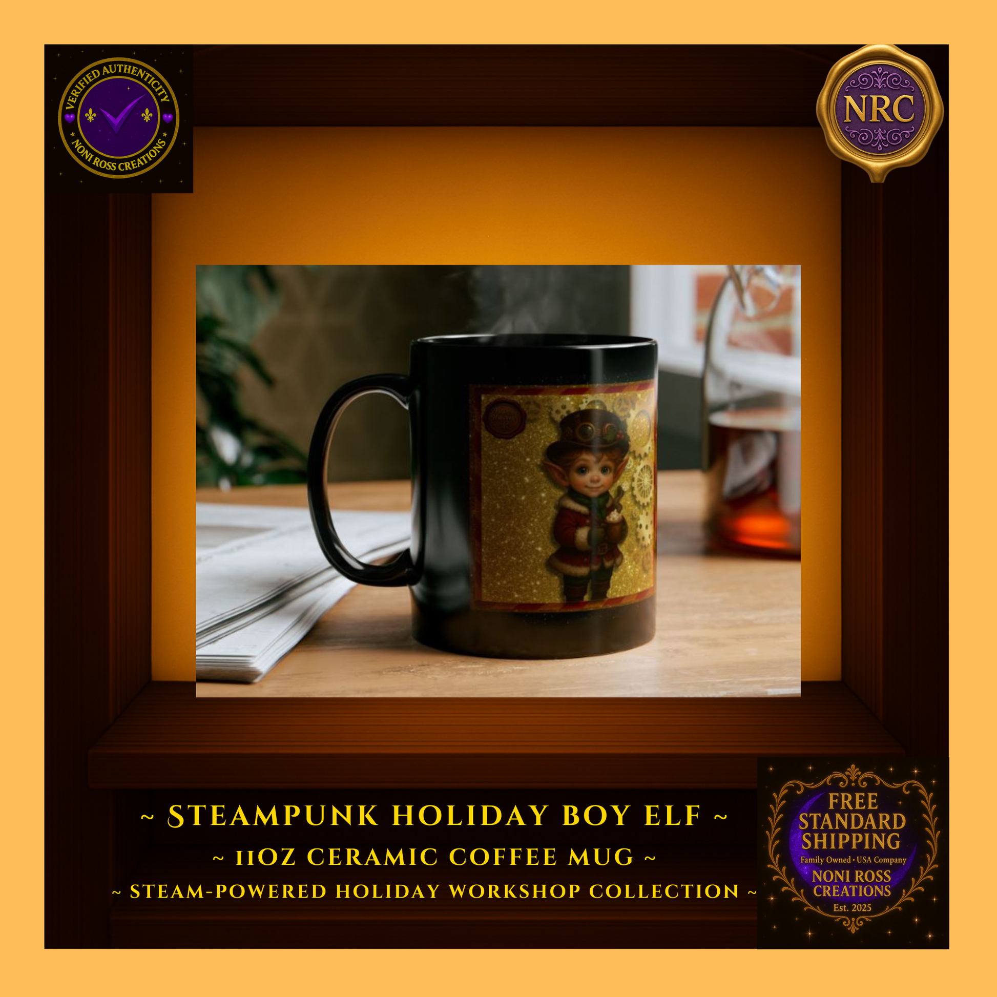 Steam-Powered Boy Elf 11oz ceramic coffee mug in NRC cubby lifestyle display, featured as cozy Christmas drinkware from Noni Ross Creations.