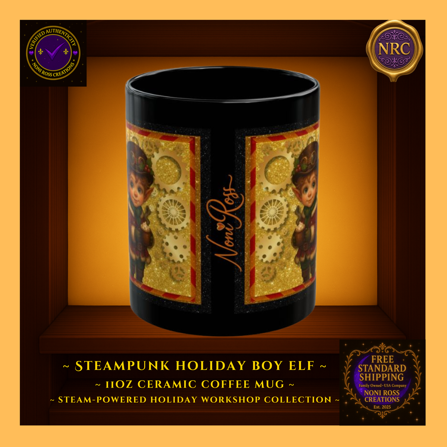 Back view of Steam-Powered Boy Elf 11oz ceramic coffee mug in NRC cubby, showing Noni Ross Creations signature and branding area.