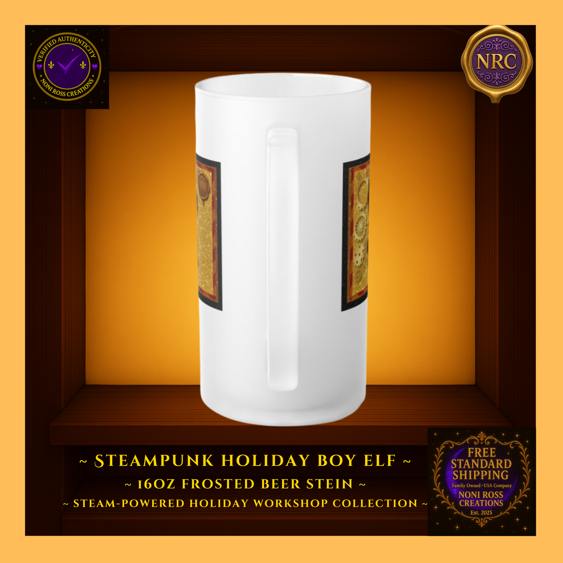 Back view of Steam-Powered Boy Elf frosted beer stein in NRC cubby frame, showing frosted glass surface and Noni Ross Creations branding area.