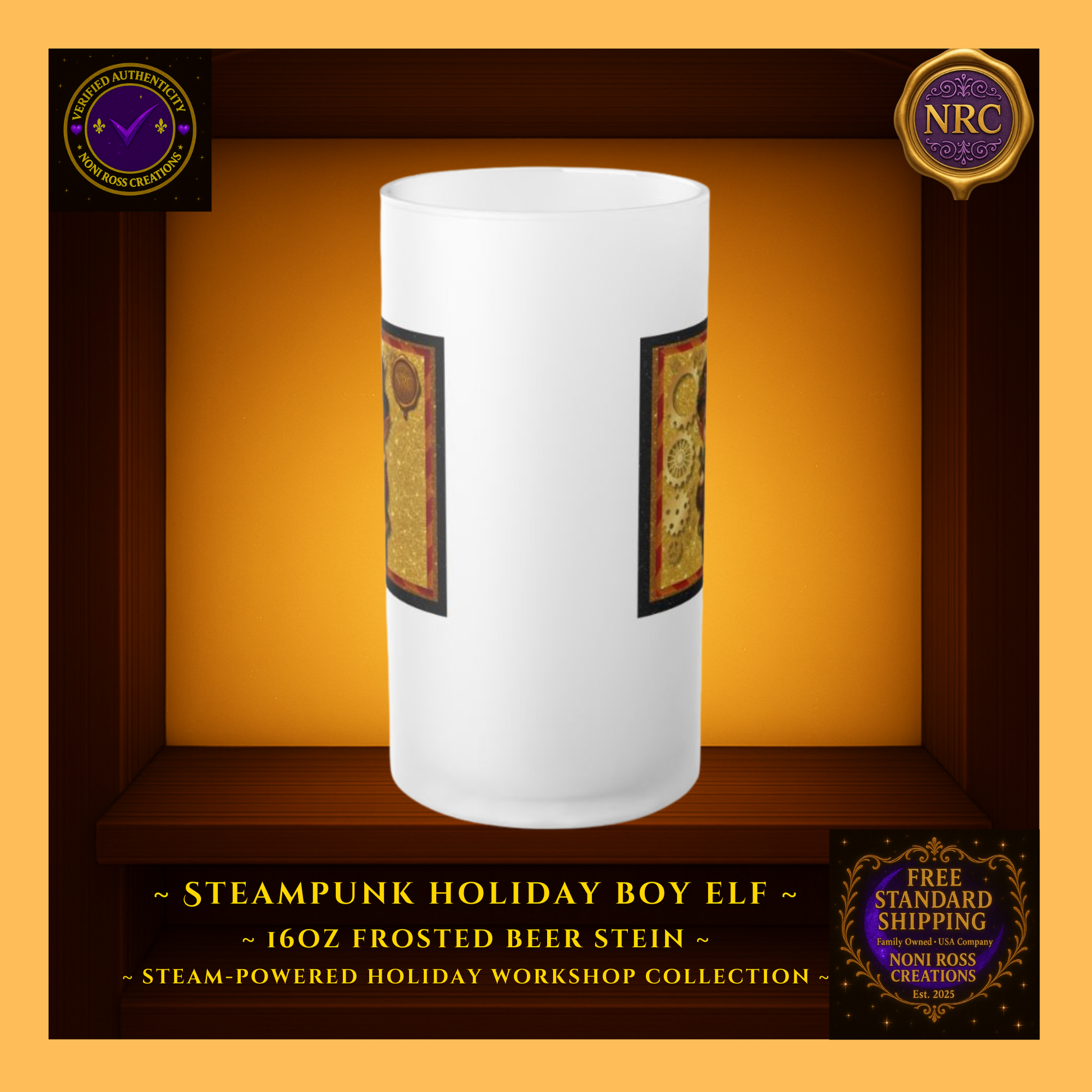 Front view of Steam-Powered Boy Elf frosted beer stein in NRC cubby, showcasing full steampunk boy elf design with colorful holiday details.
