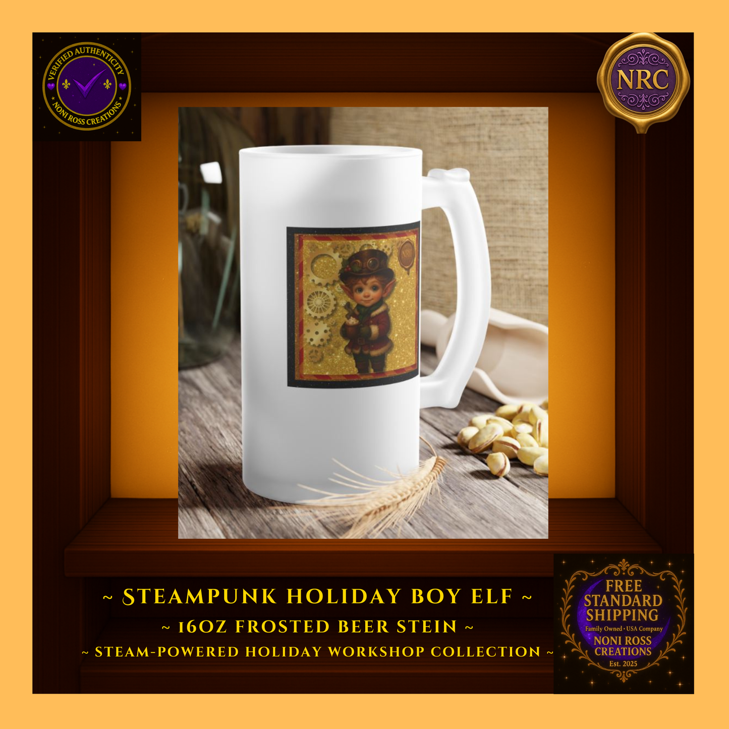Steam-Powered Boy Elf frosted beer stein in NRC cubby lifestyle scene, styled as whimsical Christmas barware on a holiday-themed surface.