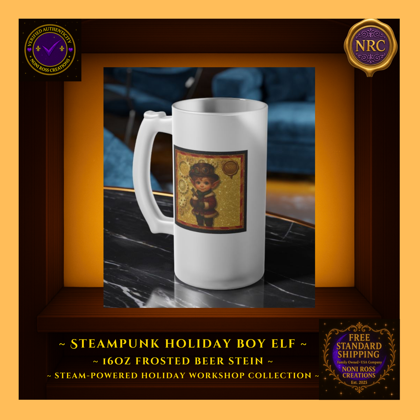 Steam-Powered Boy Elf frosted beer stein in NRC cubby lifestyle setting, shown filled and ready for festive winter drinks as a fun holiday gift.