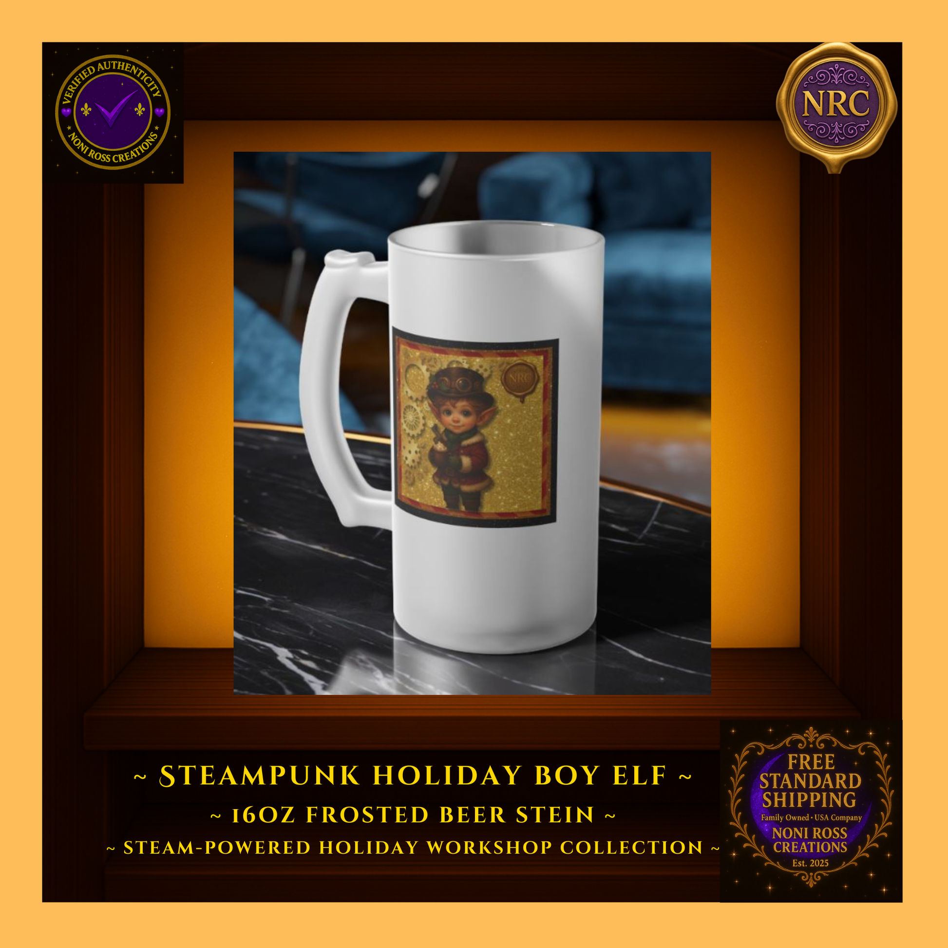 Steam-Powered Boy Elf frosted beer stein in NRC cubby lifestyle setting, shown filled and ready for festive winter drinks as a fun holiday gift.