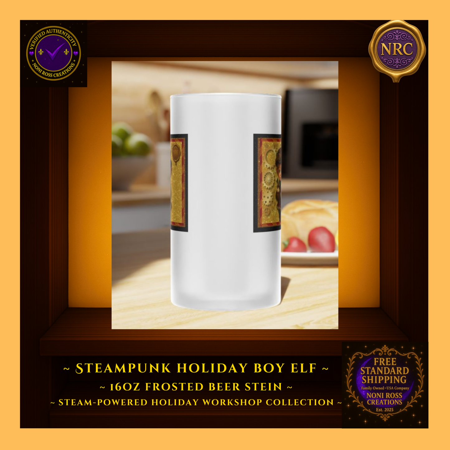 Steam-Powered Boy Elf frosted beer stein in NRC cubby lifestyle display, featured as a gift-ready Christmas barware piece from Noni Ross Creations.