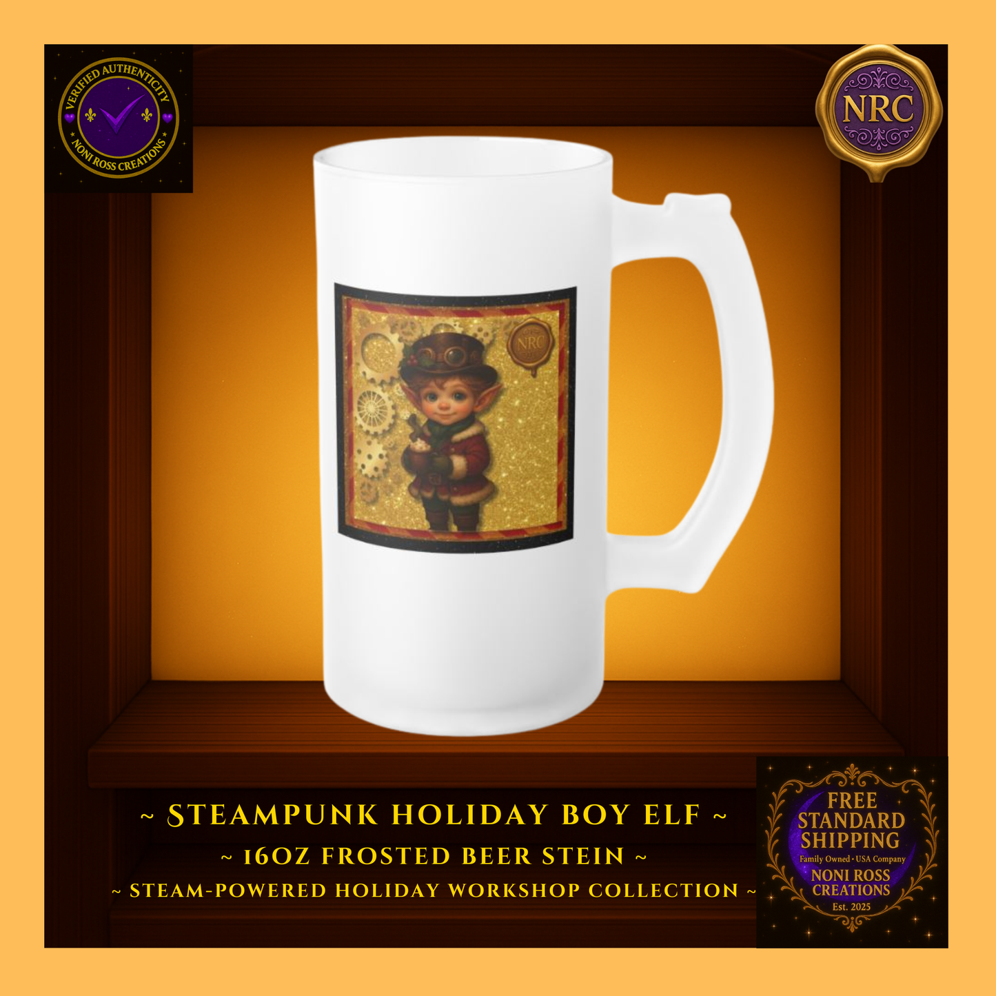 Steam-Powered Boy Elf frosted beer stein in NRC cubby frame, right side angle highlighting curved handle, frosted glass finish, and edge of elf design.