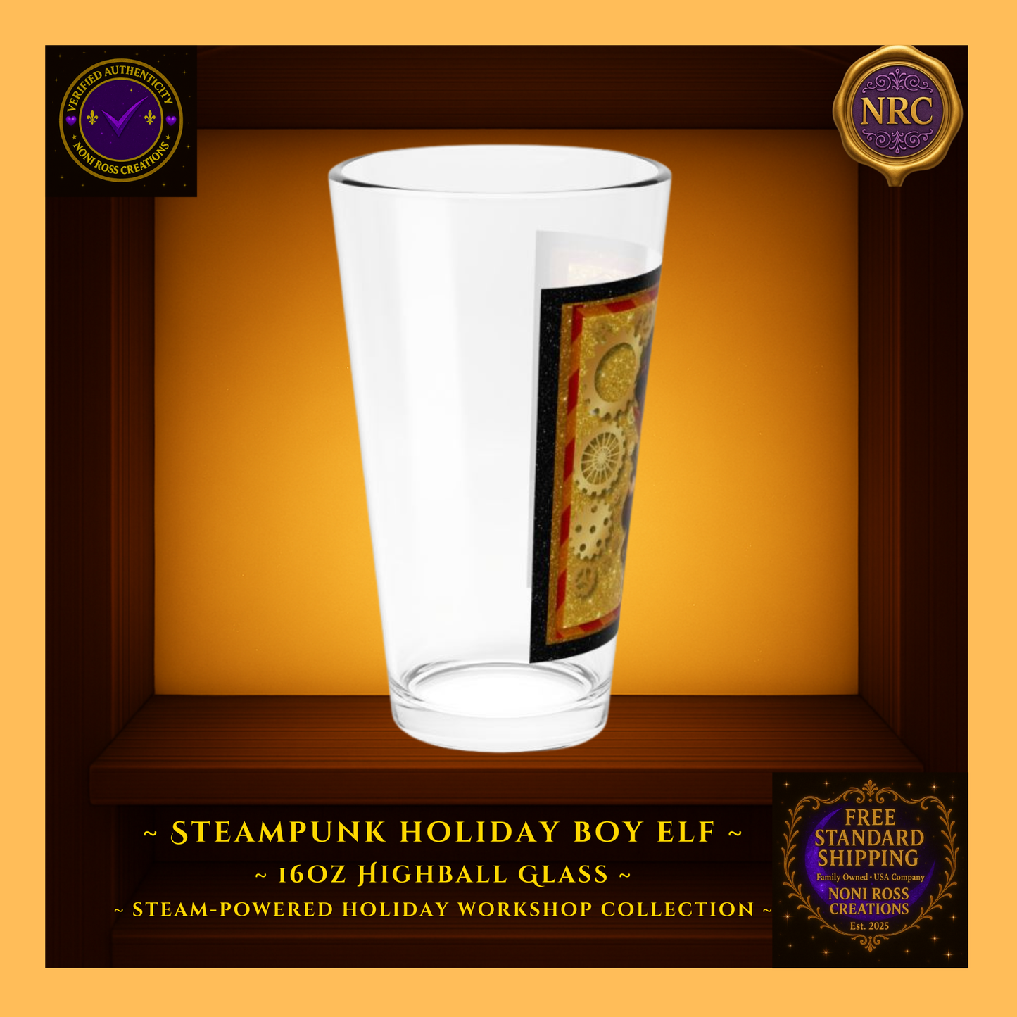 Steam-Powered Boy Elf 16oz highball glass in NRC cubby frame, left side angle showing tall glass silhouette and partial boy elf design.