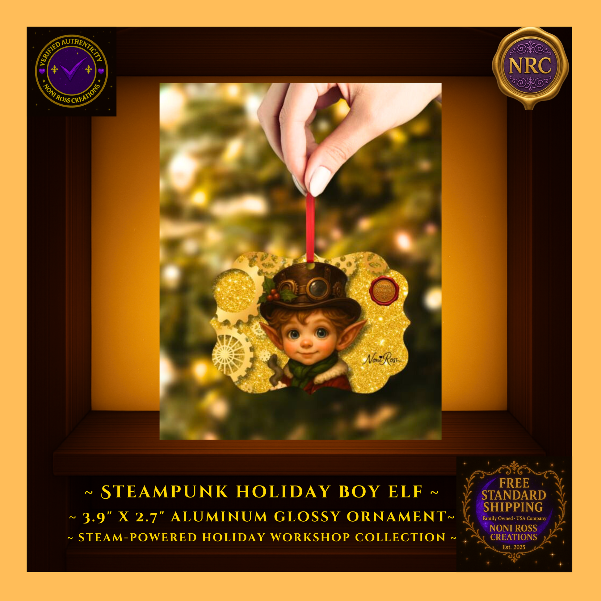 Steam-Powered Boy Elf metal ornament in NRC cubby lifestyle setting, displayed as a gift-ready keepsake ornament beside festive holiday décor.