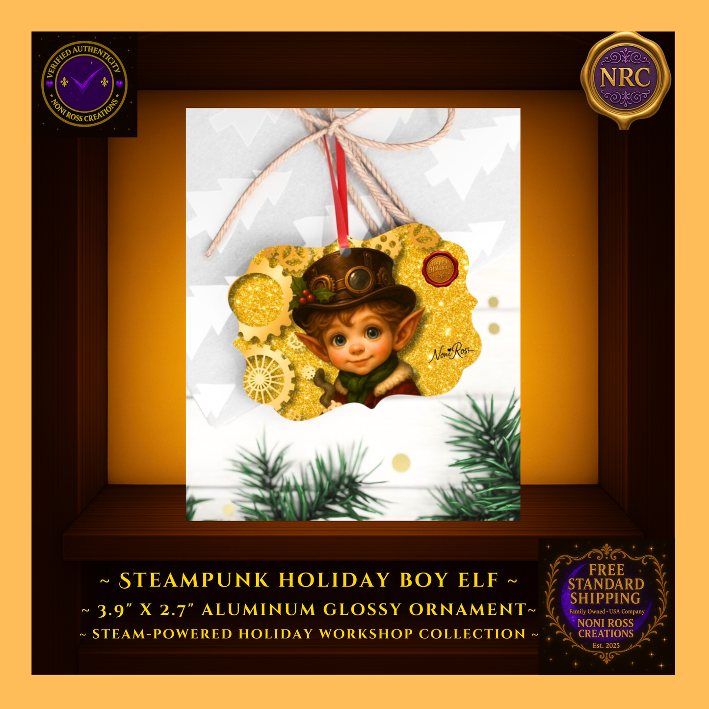 Steam-Powered Boy Elf metal ornament in NRC cubby lifestyle display, featured as a collectible steampunk Christmas ornament from Noni Ross Creations.